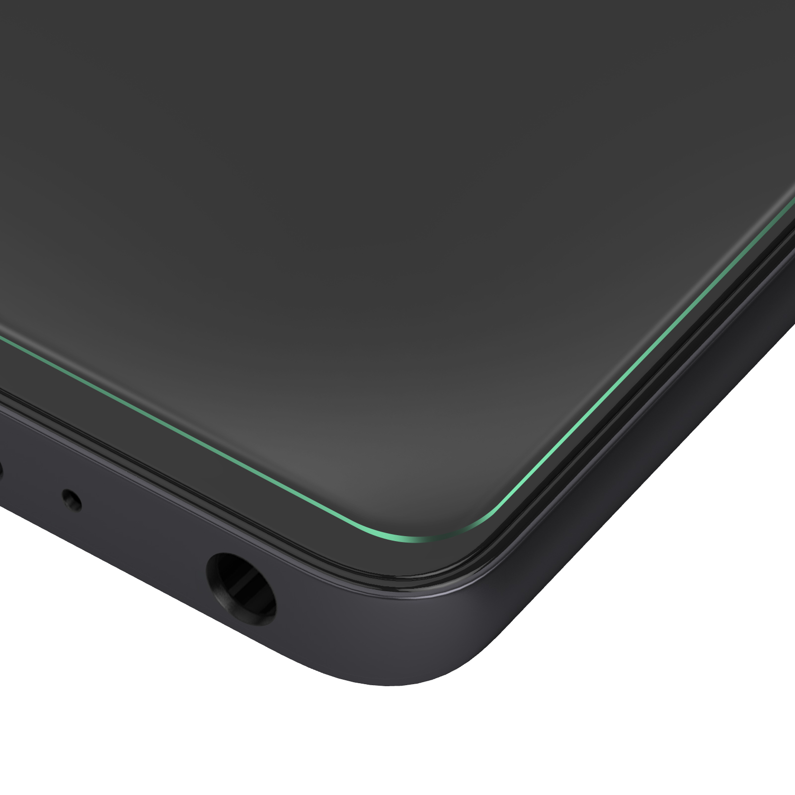 Primo piano di uno smartphone nero. Ha uno schermo con bordo verde e un jack per cuffie. Sfondo bianco.