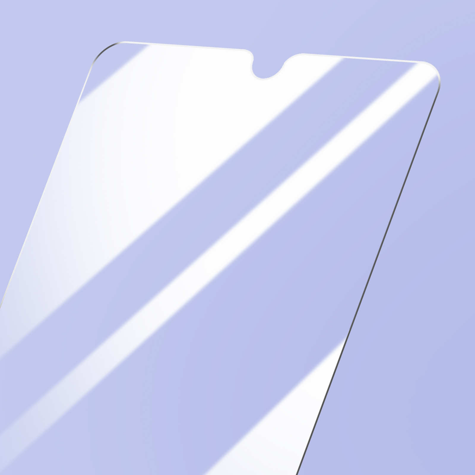 Un proteggi schermo trasparente con un intaglio in alto è su sfondo lilla chiaro. Ombre diagonali visibili.