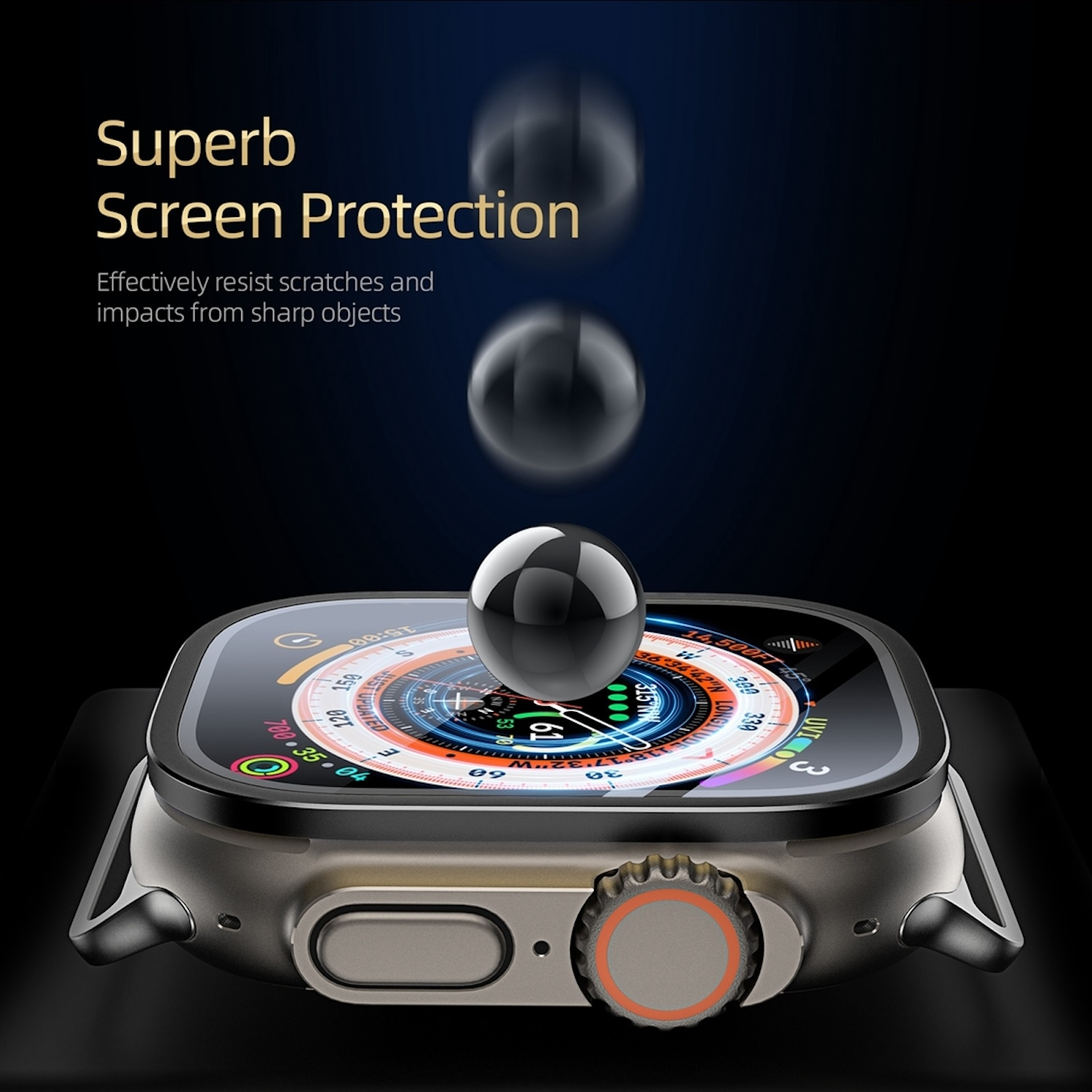 Smartwatch mit rundem Display. Zwei Kugeln fallen auf das Zifferblatt zu.