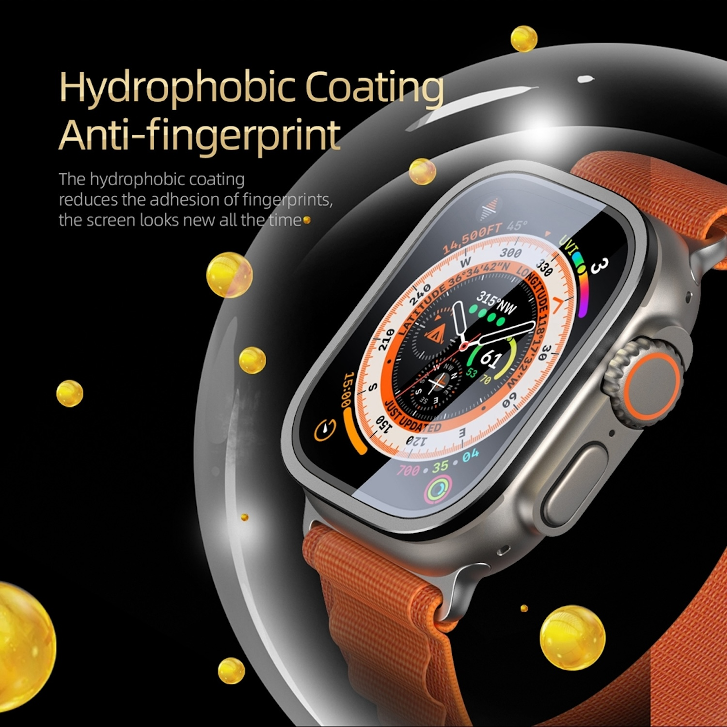 Smartwatch mit orangefarbenem Armband. Zeigt Zeit und Daten an. Schwarzer Hintergrund.