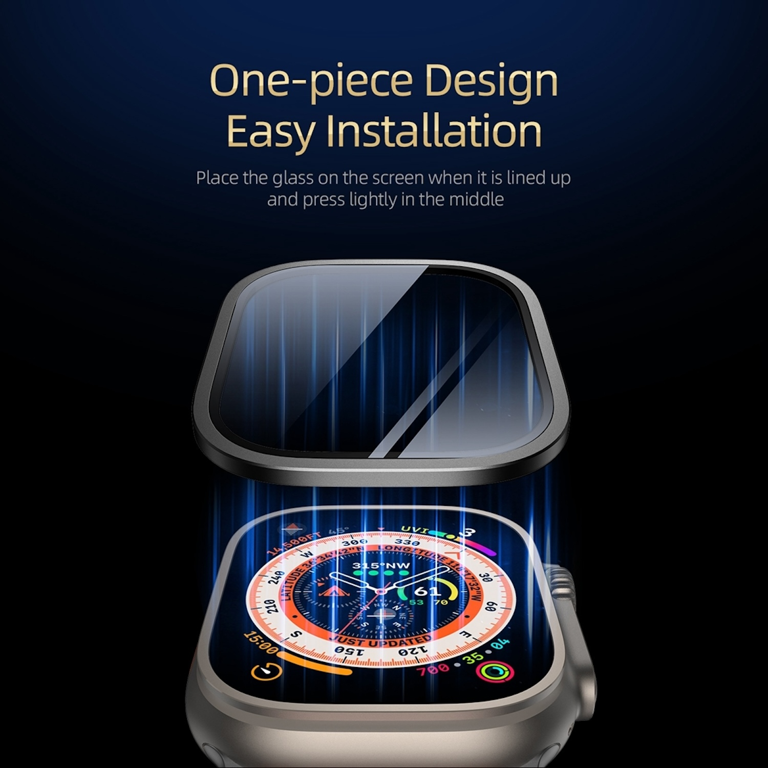 Smartwatch mit Displayschutz. Text: Einteiliges Design, einfache Installation.