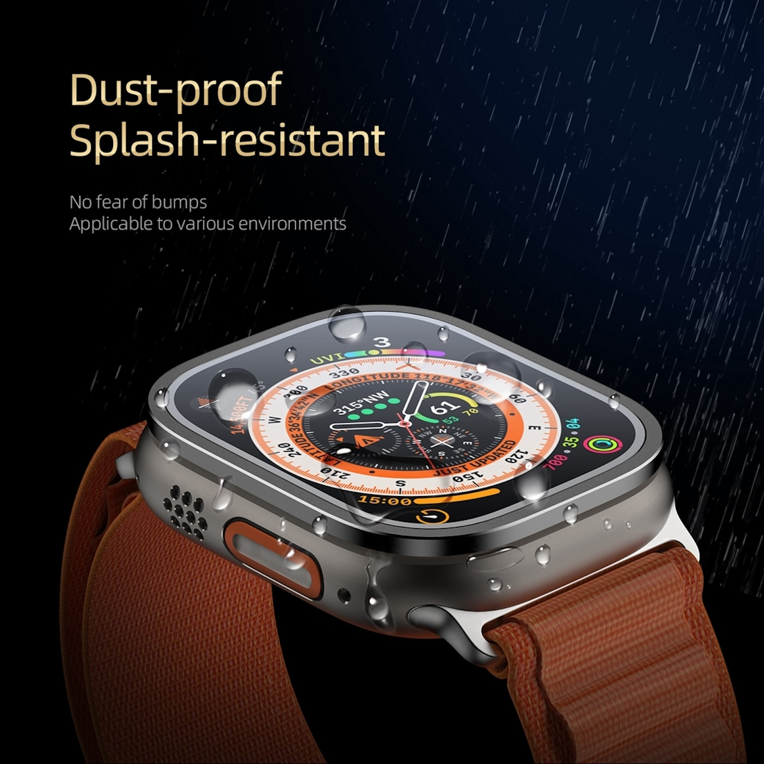 Eine Smartwatch mit orangefarbenem Armband. Das Zifferblatt zeigt Infos. Wassertropfen bedecken den Bildschirm.