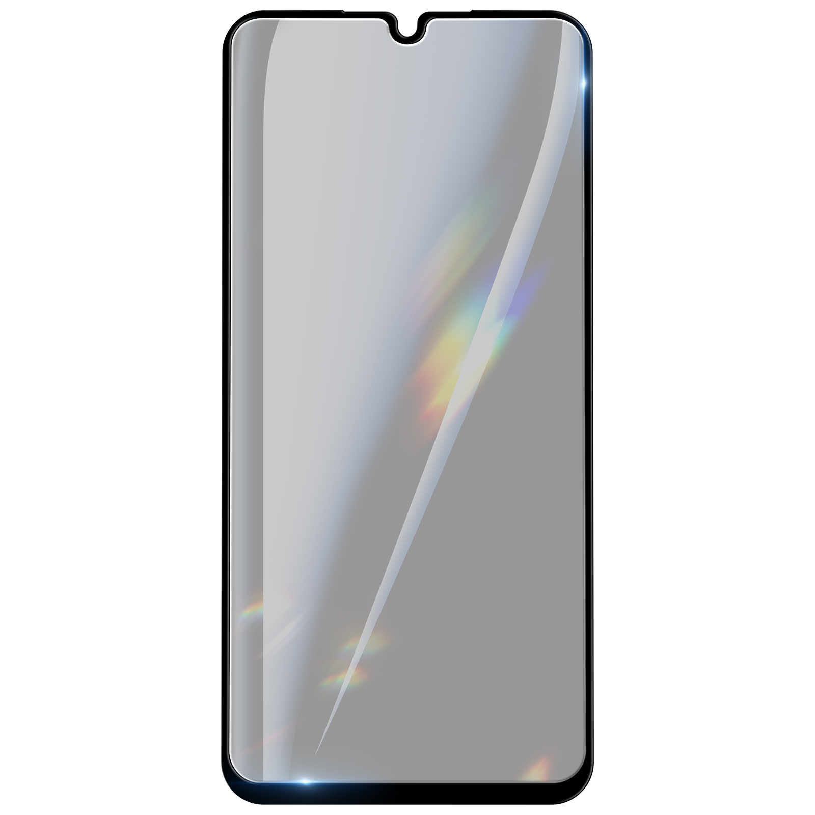 Un proteggi schermo per smartphone. È rettangolare con angoli arrotondati e un notch in alto.