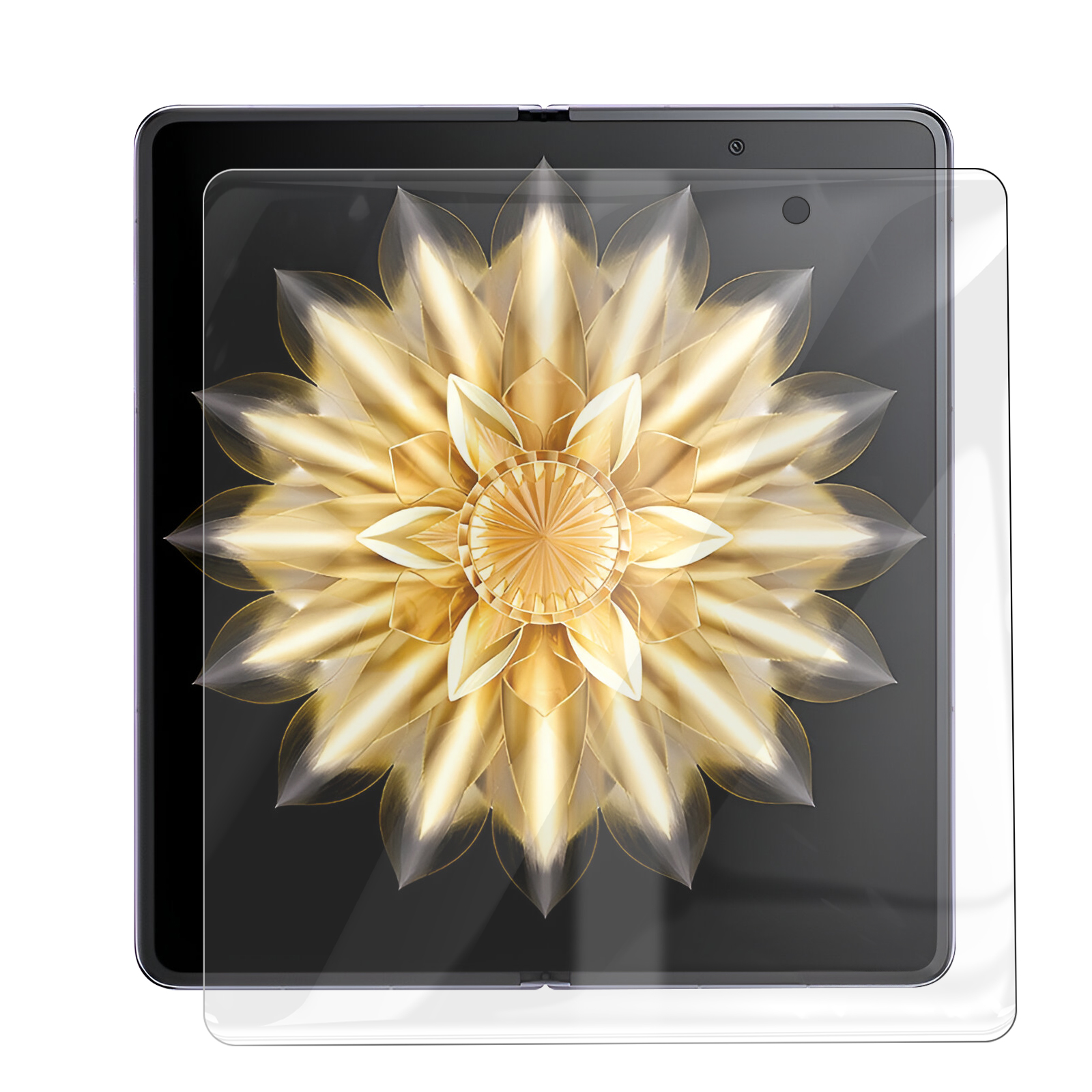 Un tablet con un design a fiore dorato sullo schermo, sovrapposto da una protezione per lo schermo. Lo sfondo è scuro.