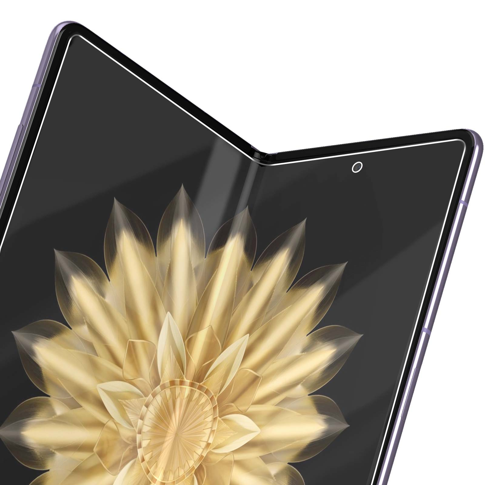 Telefono pieghevole con un motivo floreale dorato sullo schermo. Il telefono è viola con sfondo nero.