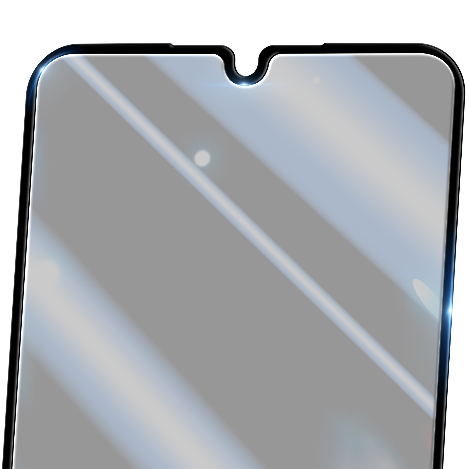 Primo piano di una protezione per schermo di smartphone. Ha una parte superiore arrotondata con un intaglio e un bordo nero. Superficie riflettente.