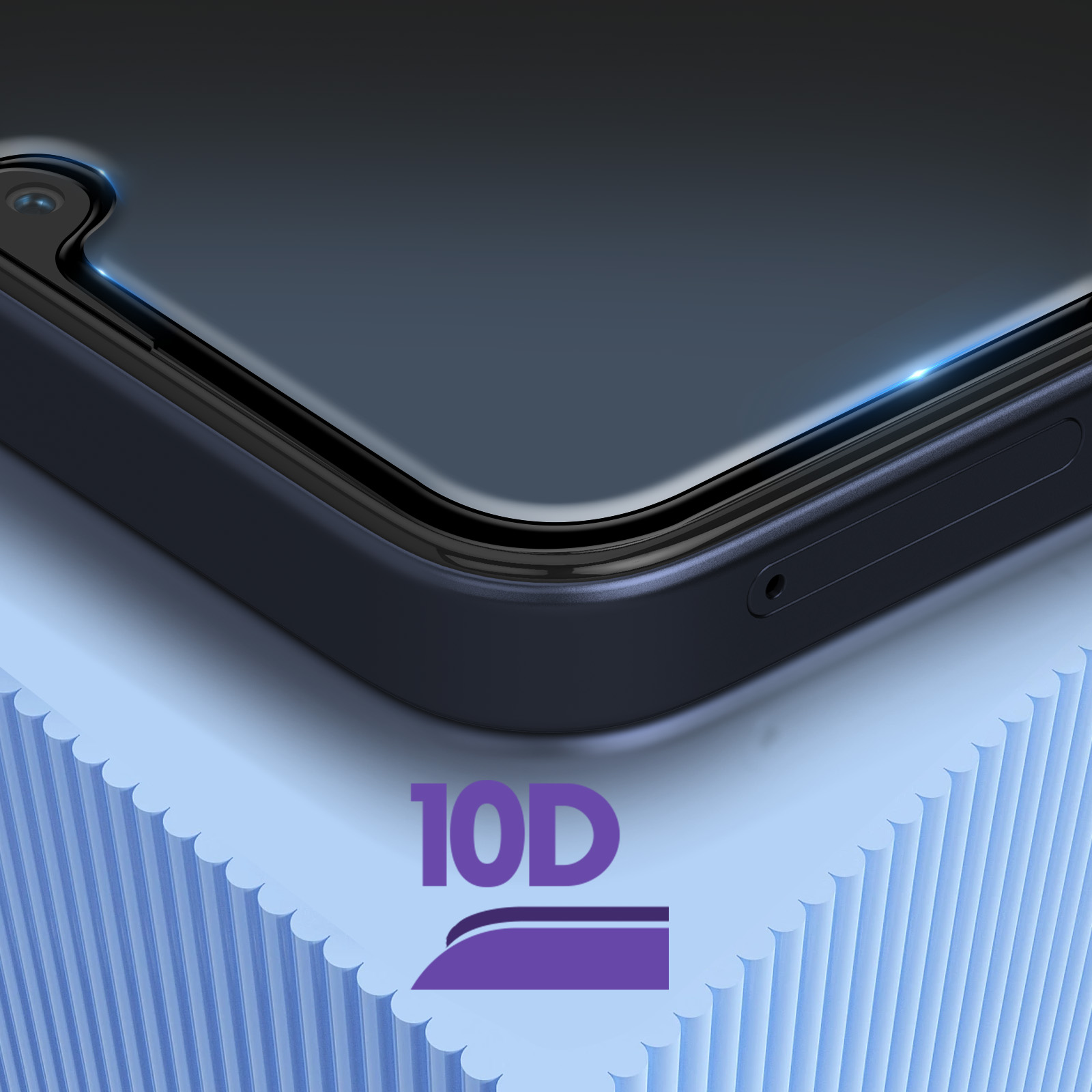 Primo piano di uno smartphone nero. Il telefono ha una fotocamera ed è posizionato su una superficie blu strutturata con la scritta '10D'.