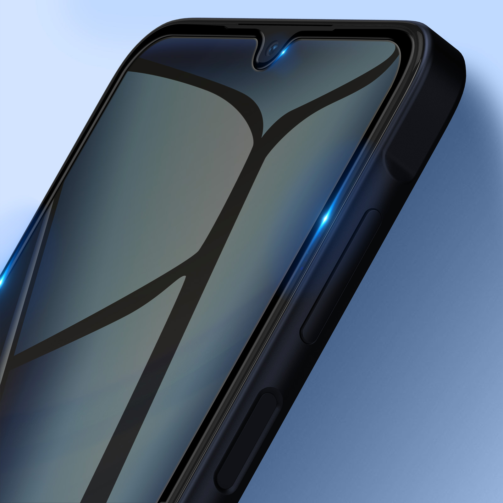 Primo piano di uno smartphone nero. Lo schermo ha un design geometrico. Lo sfondo è sfumato blu.