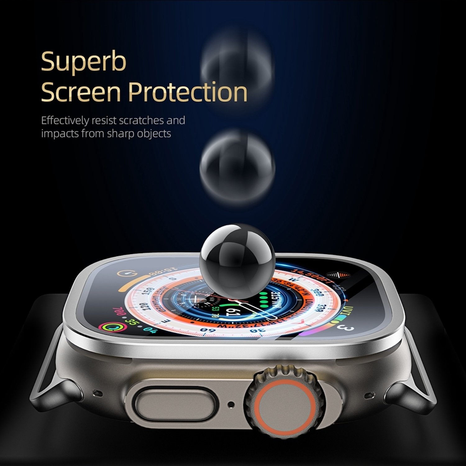 Eine Smartwatch mit Displayschutz, mit schwarzen Kugeln im Hintergrund, mit dem Text 'Superb Screen Protection'.
