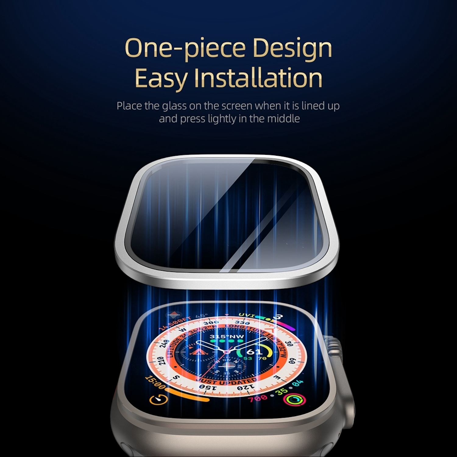 Smartwatch mit Displayschutz. Text: One-piece Design, Easy Installation. Uhr zeigt Navigation.