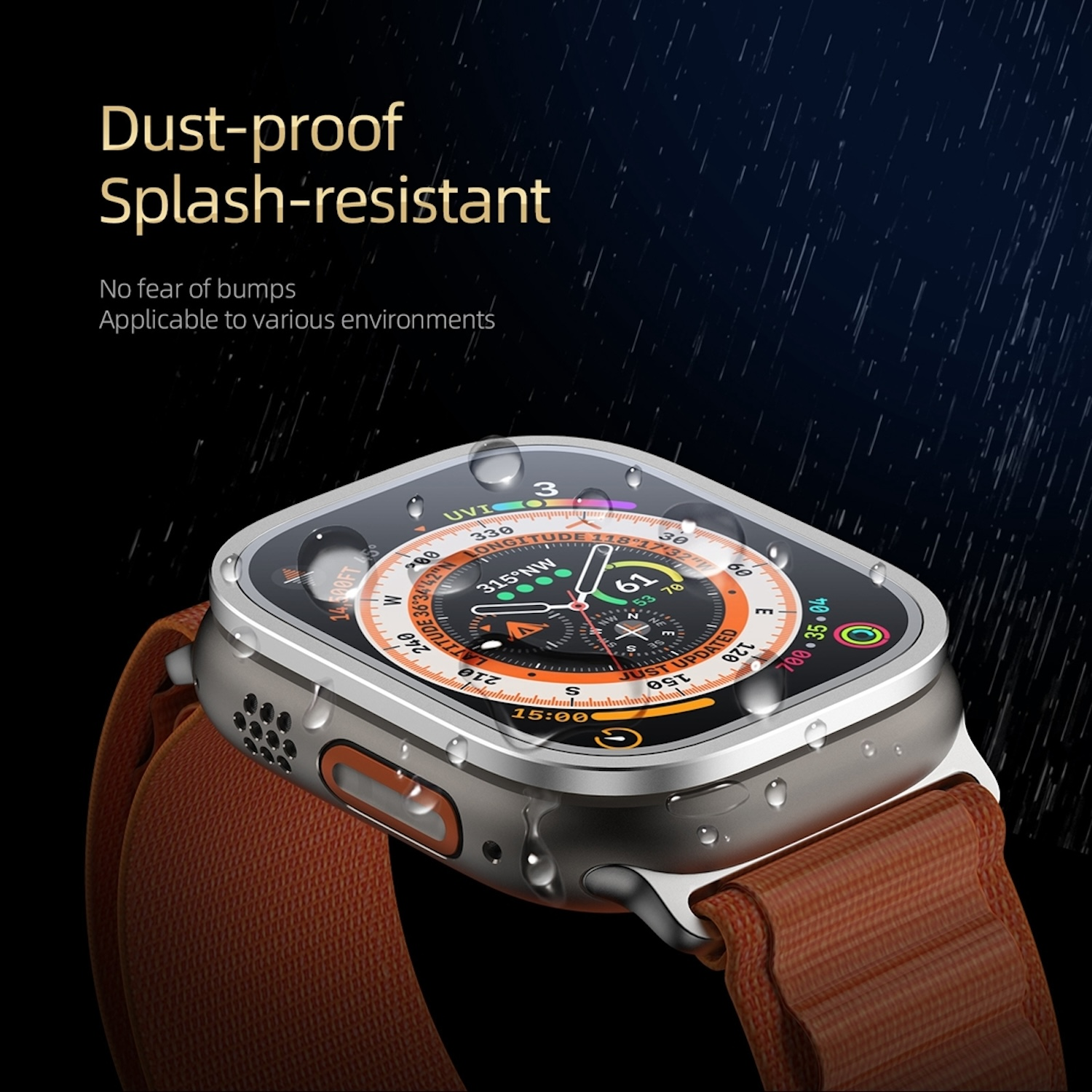 Eine silberne Smartwatch mit braunem Armband, mit Wassertropfen, die die Uhrzeit 15:00 anzeigt.