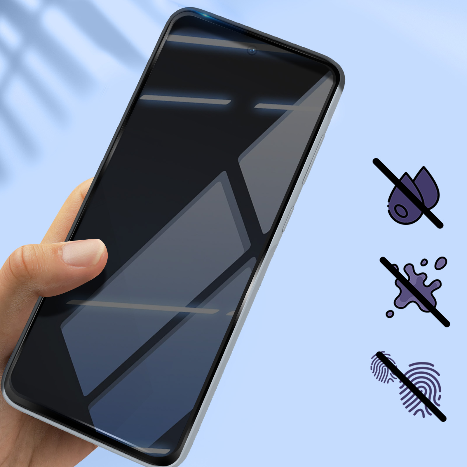 Mano che tiene uno smartphone con schermo nero. Le icone indicano resistenza ad acqua, schizzi e impronte digitali.