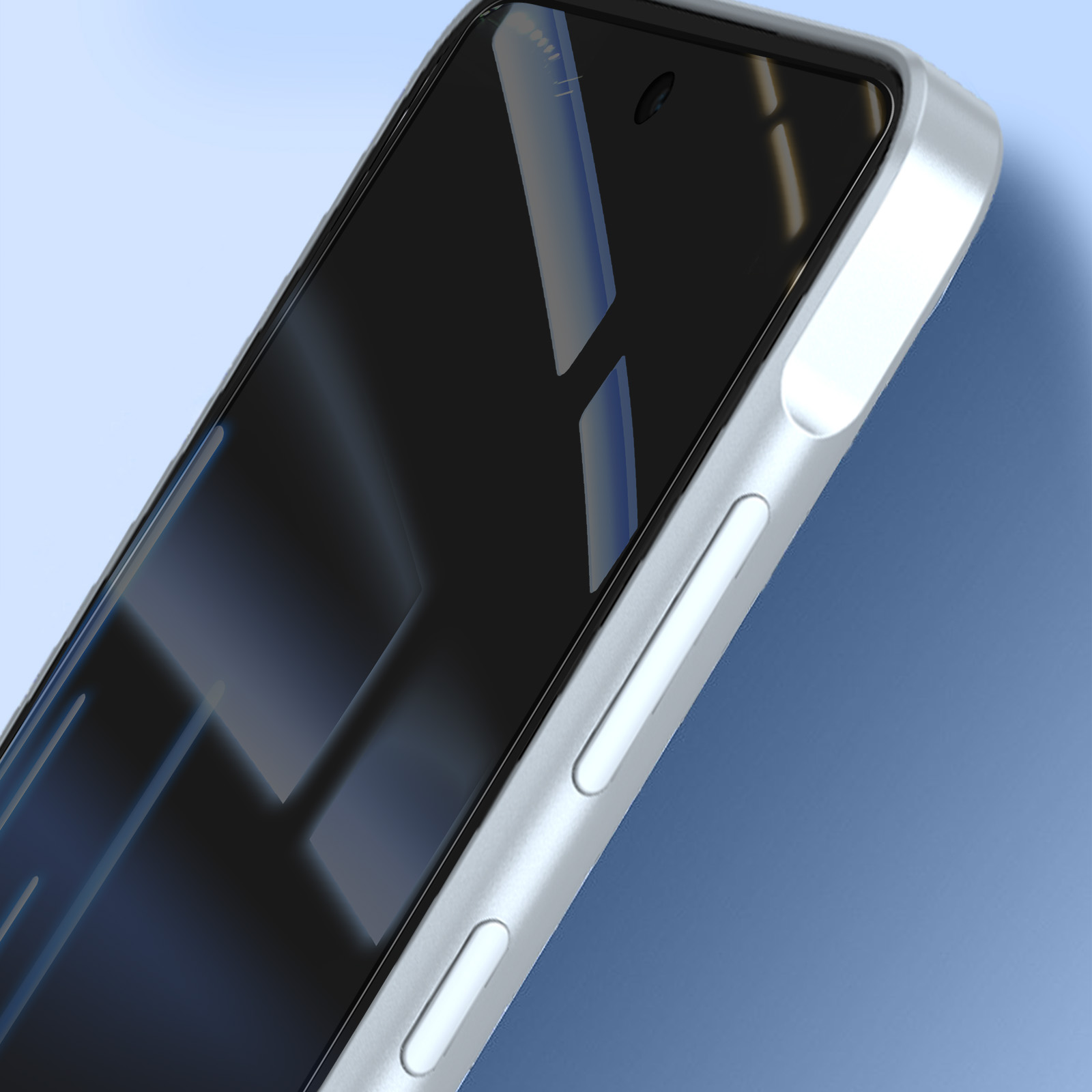 Primo piano di uno smartphone argentato. Lo schermo è nero e riflette la luce. Il telefono è su uno sfondo blu.