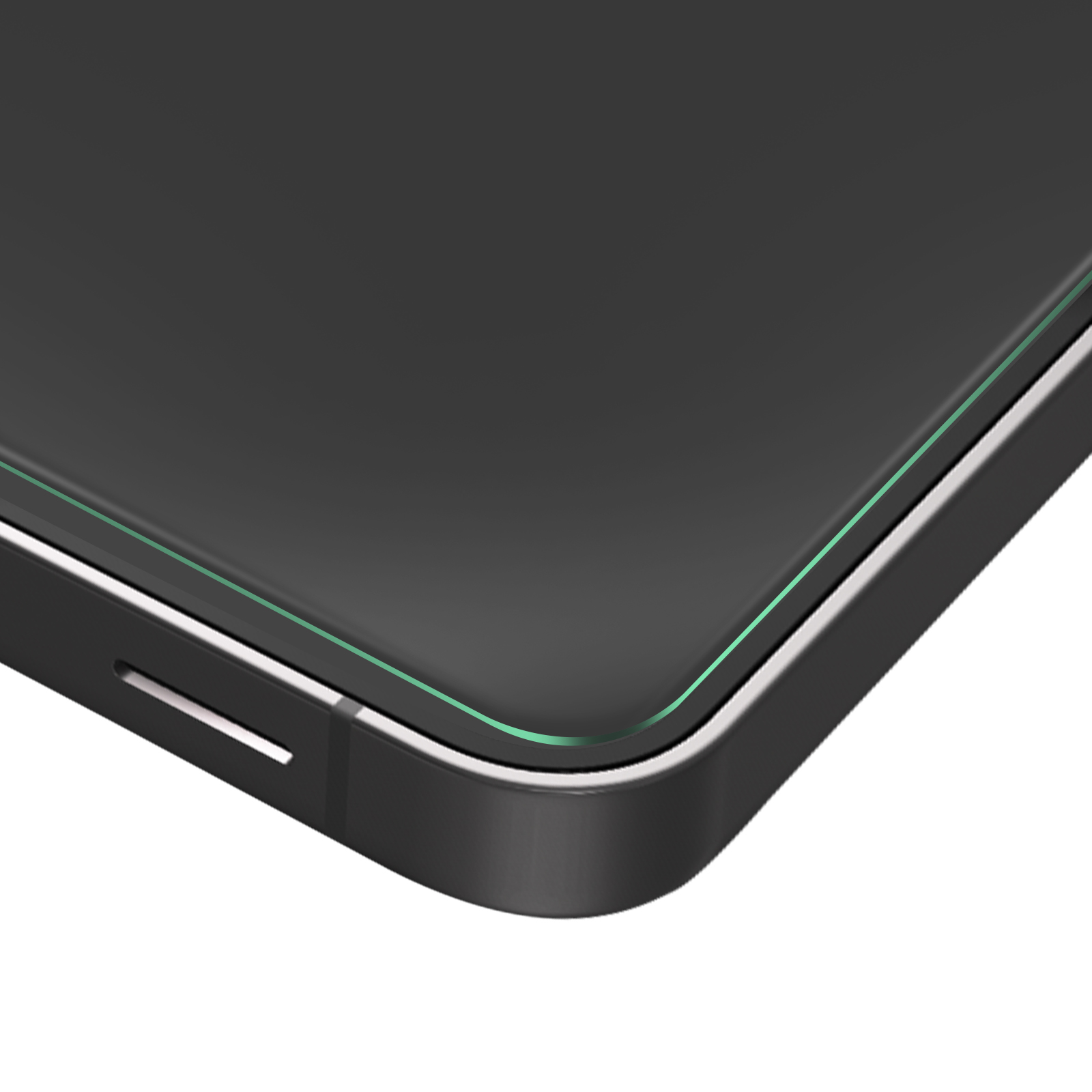 Primo piano di uno smartphone nero. Una linea verde evidenzia il bordo dello schermo. Il telefono è su una superficie bianca.
