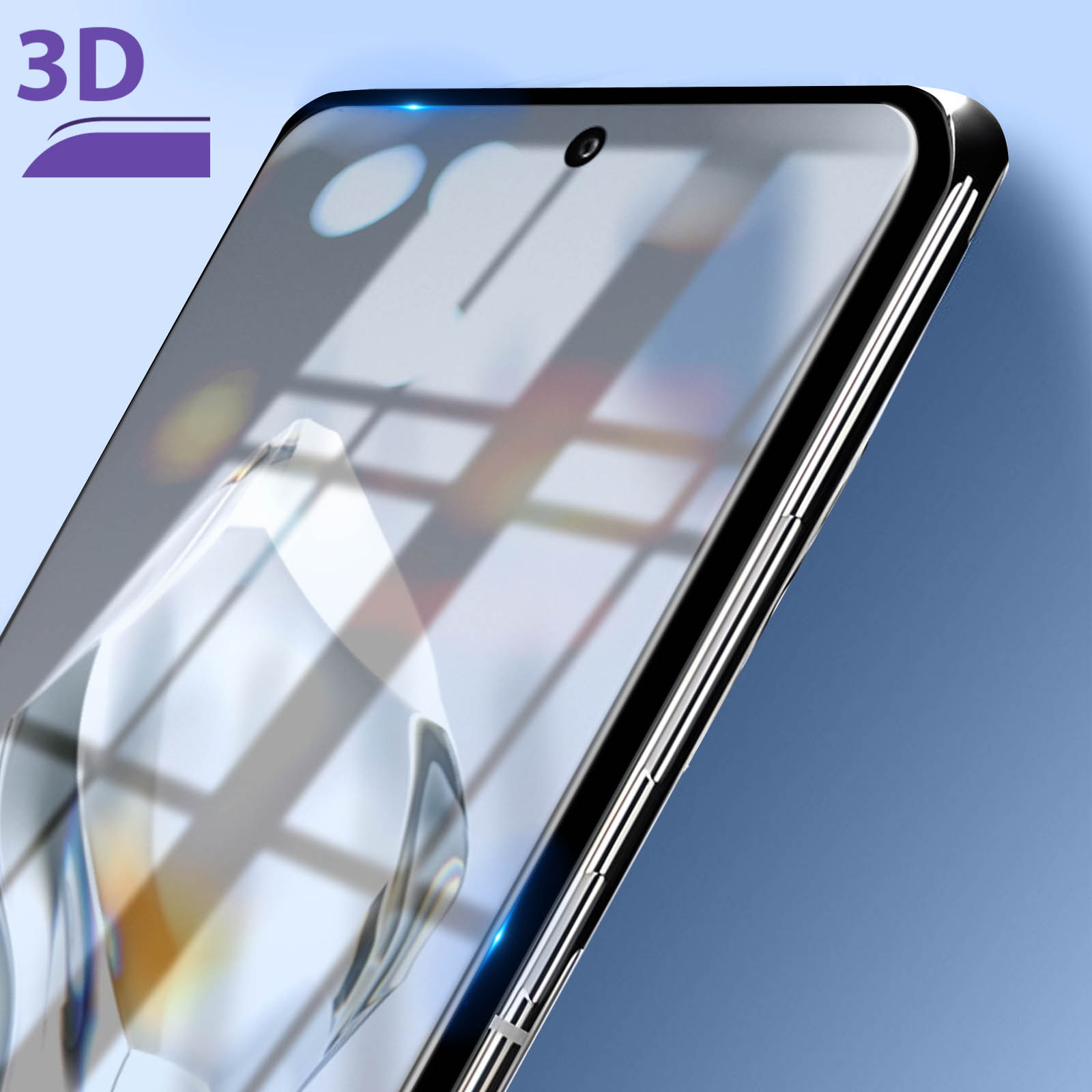 Un primo piano mostra un telefono con una protezione schermo, la parola 3D e uno sfondo blu e bianco.