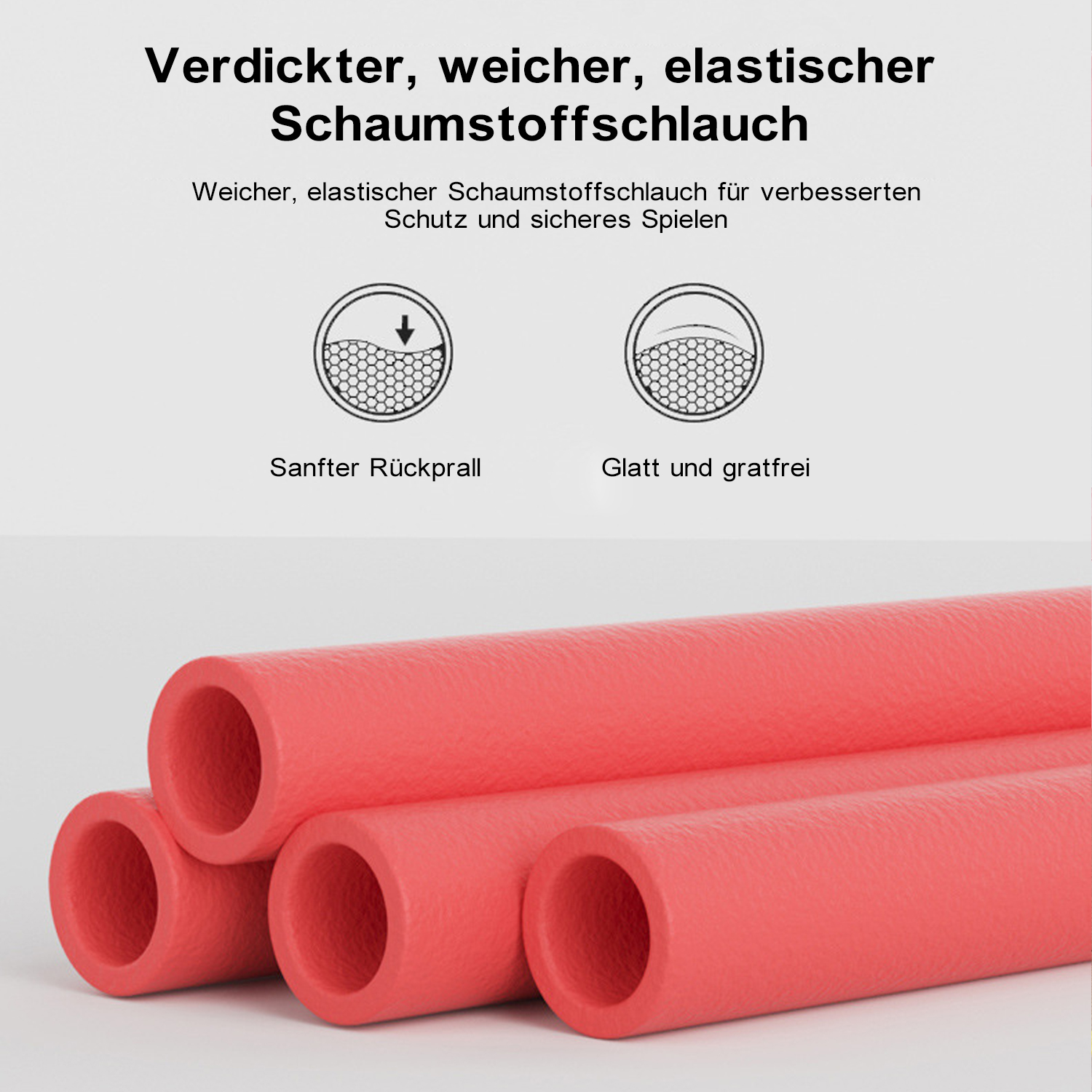 Nahaufnahme von roten Schaumstoffröhren. Vier Röhren mit offenen Löchern. Hintergrund ist schlicht.