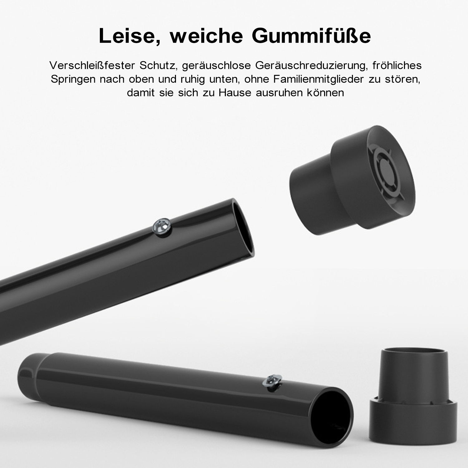 Schwarze Metallstangen und Gummifüße, zerlegt, Text auf Deutsch.