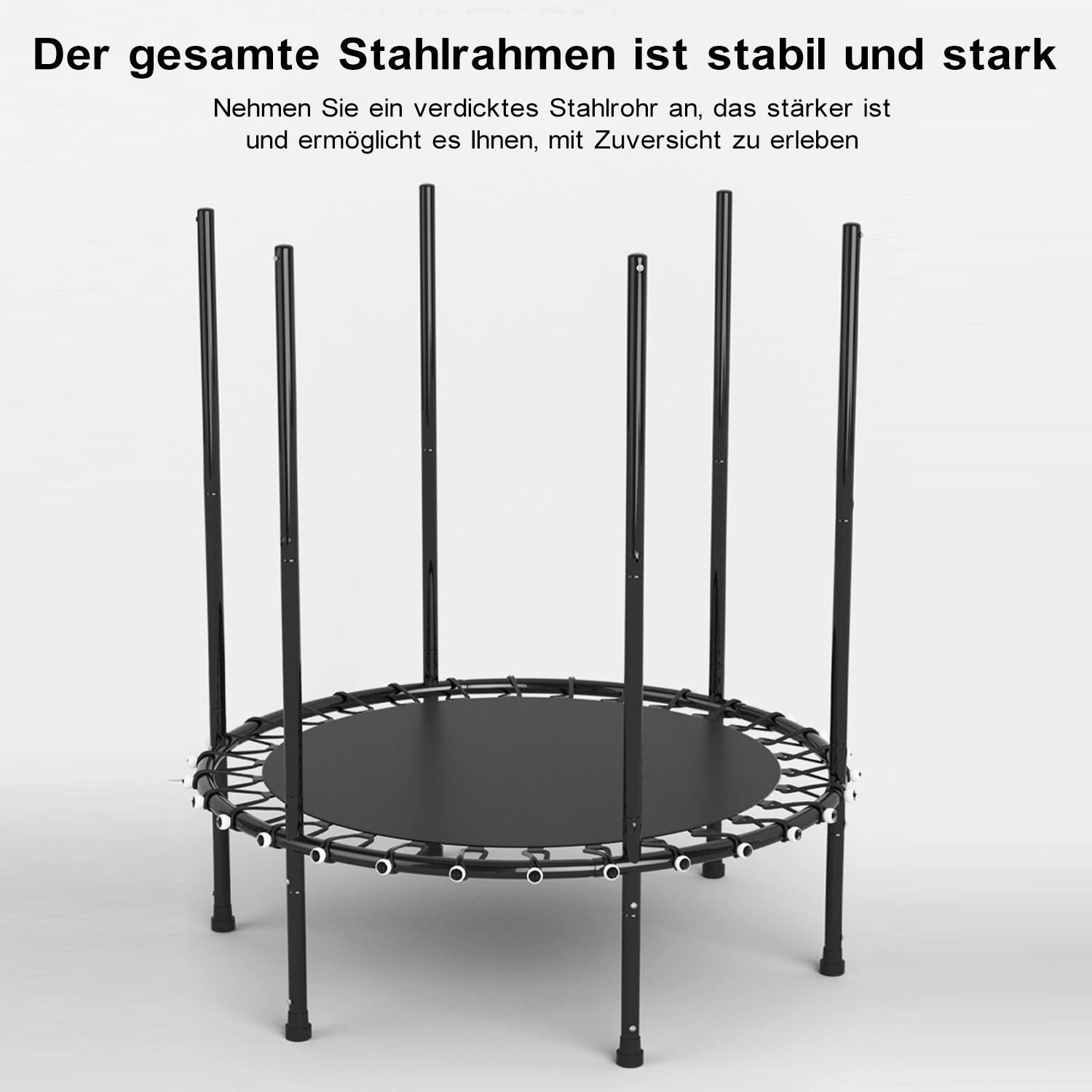 Ein schwarzes Trampolin mit schwarzem Rahmen, auf weißem Hintergrund. Text oben.