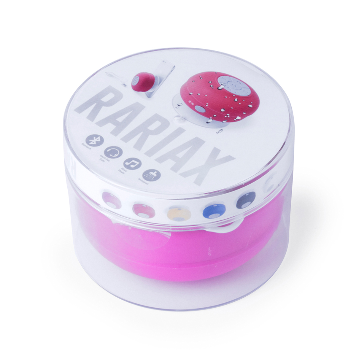 Altavoz Rariax rosa y blanco en embalaje. Contenedor de plástico transparente. Primer plano.