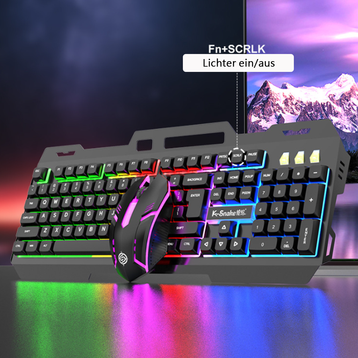 Zestaw klawiatury i myszy do gier z kolorowymi światłami LED. Mysz obok klawiatury.