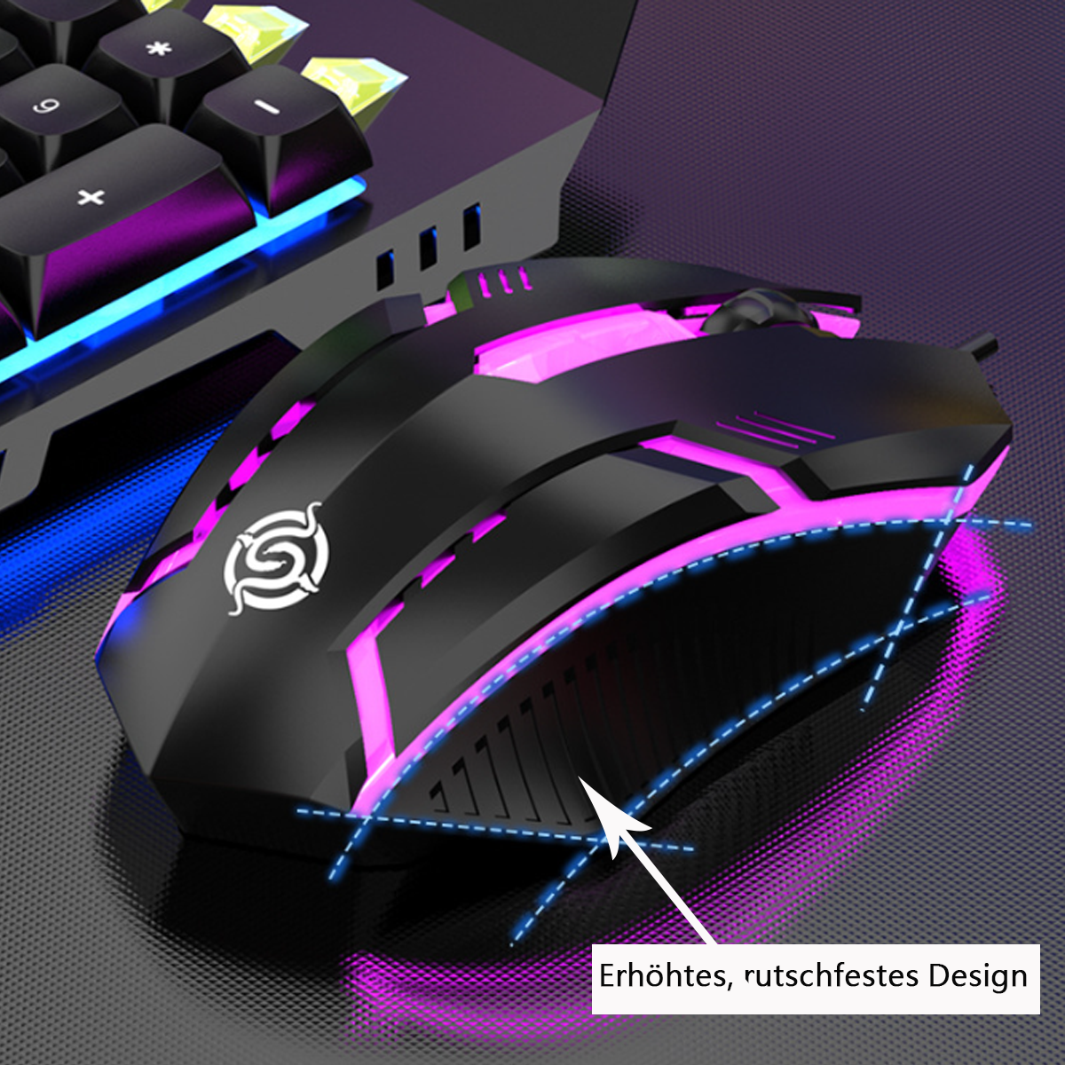 Czarna mysz gamingowa z różowymi światłami i strzałką wskazującą na element designu.