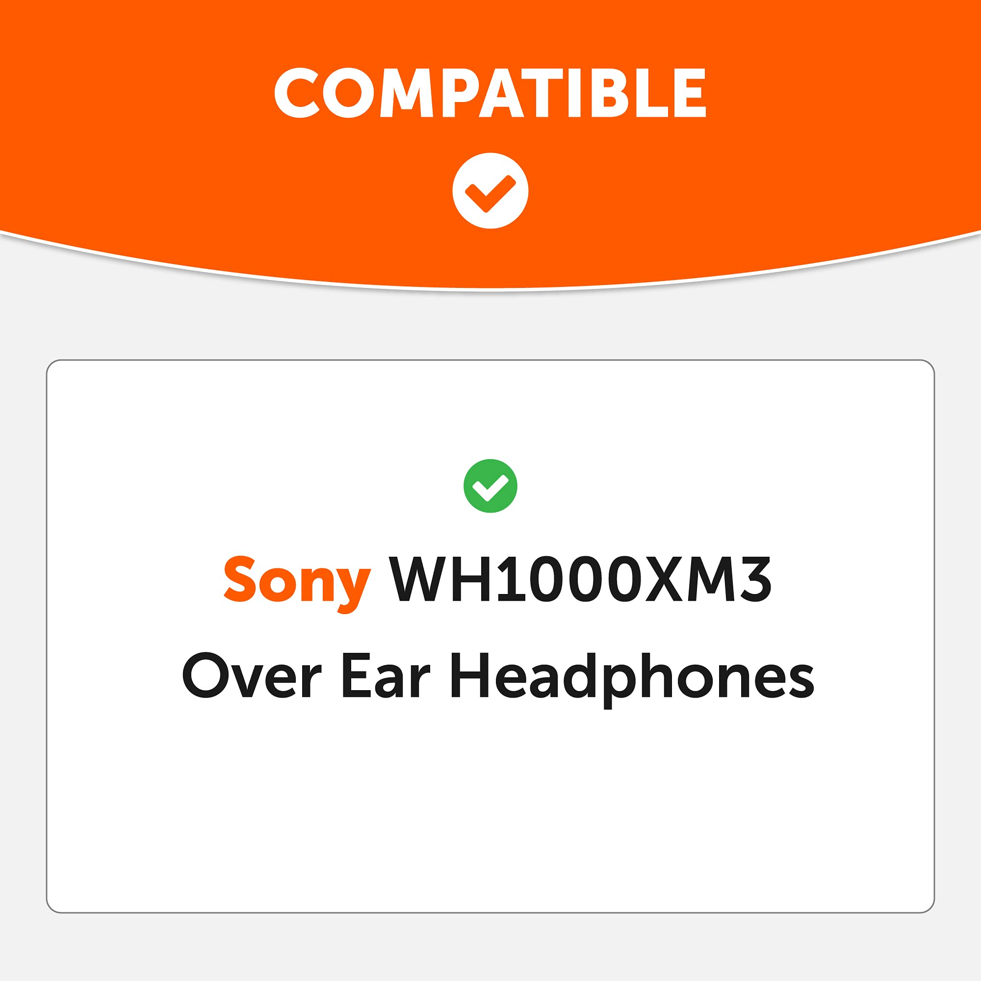 Biały prostokąt z zielonym znakiem wyboru i tekstem: Sony WH1000XM3 Over Ear Headphones.