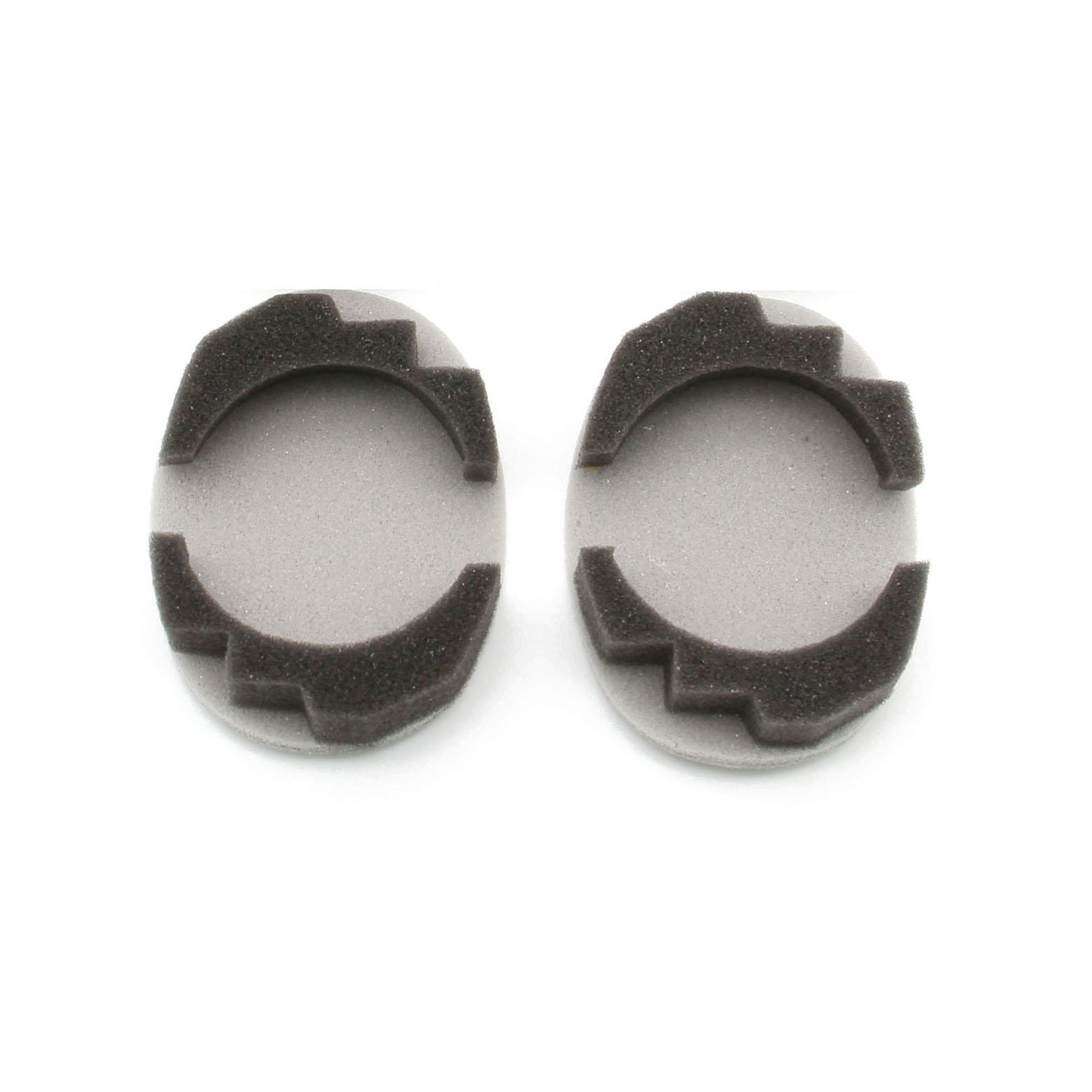 Dwie szare piankowe nauszniki z czarnymi piankowymi wycięciami. Zostały zaprojektowane tak, aby pasowały wokół ucha.