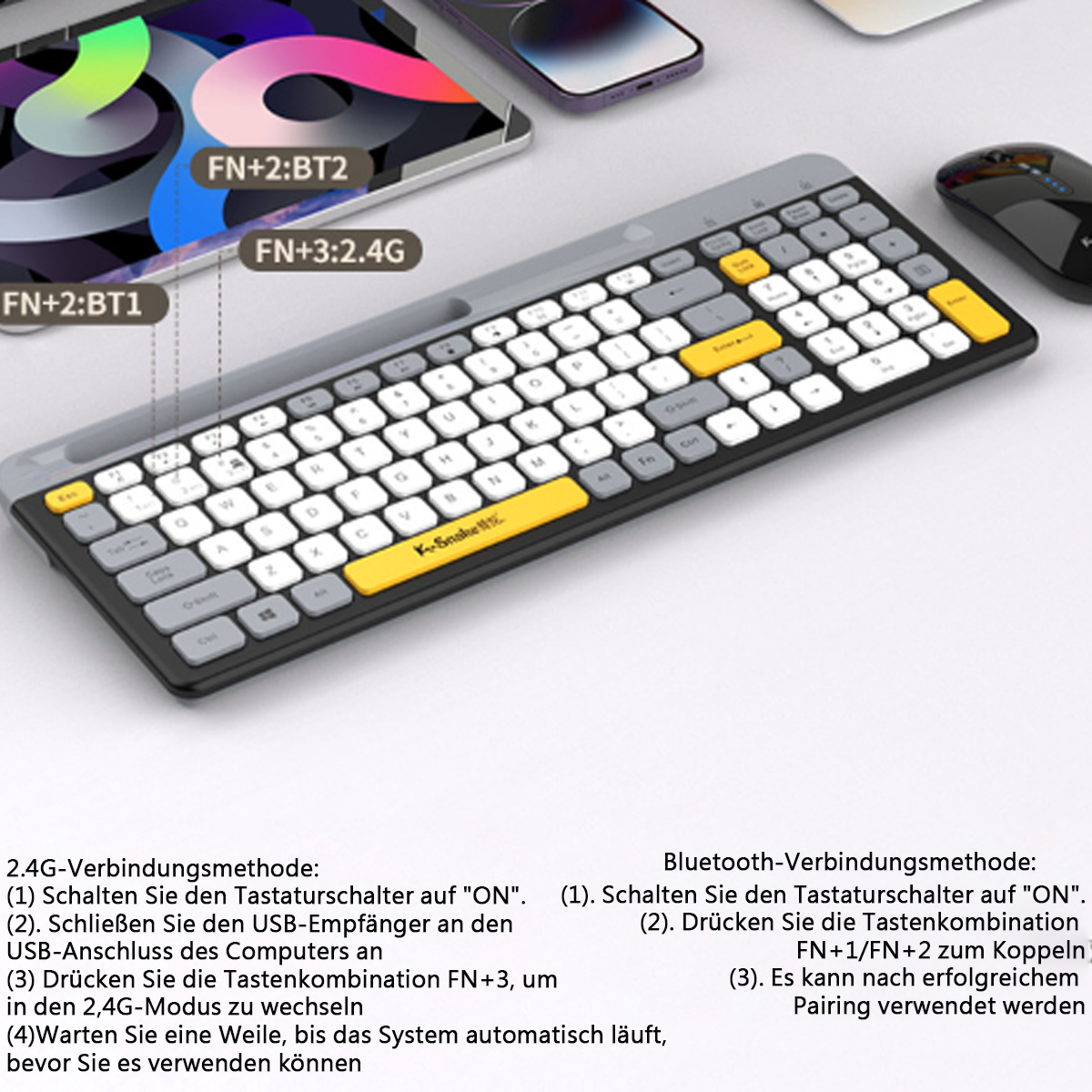 Klawiatura z szarą ramką, żółtymi klawiszami i myszą na białej powierzchni.