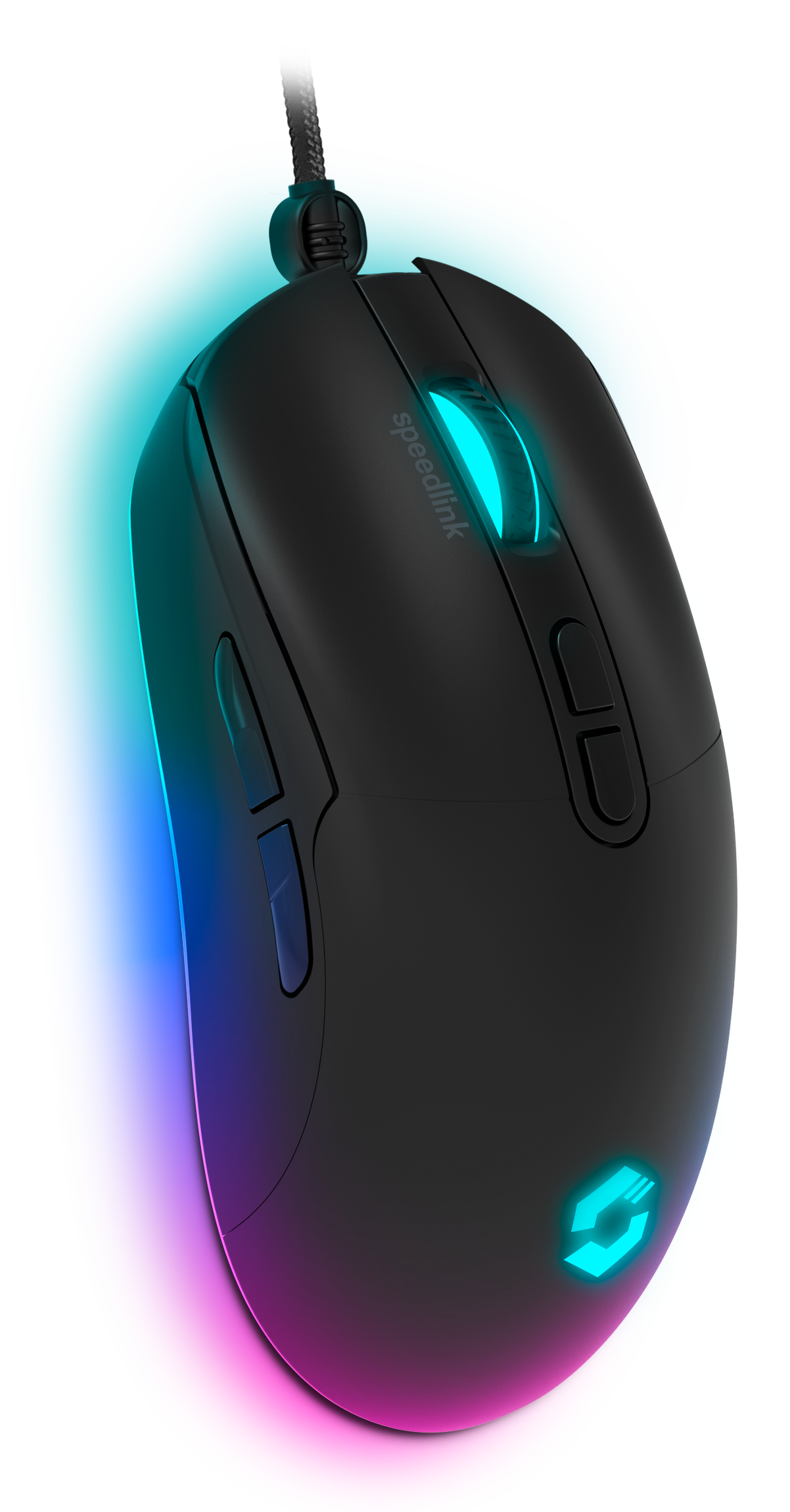Schwarze Computermaus mit blauen Lichtern und einem schwarzen Kabel. Die Maus hat Tasten an der Seite.