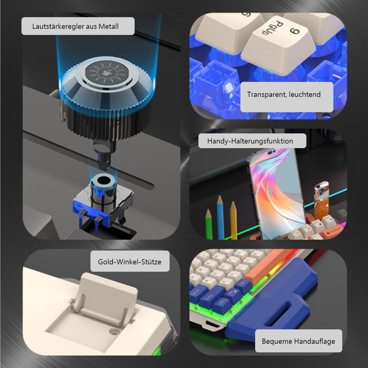 Szczegóły klawiatury, regulacja głośności, klawisze i podpórka pod nadgarstek. Niebieskie podświetlenie, metal.