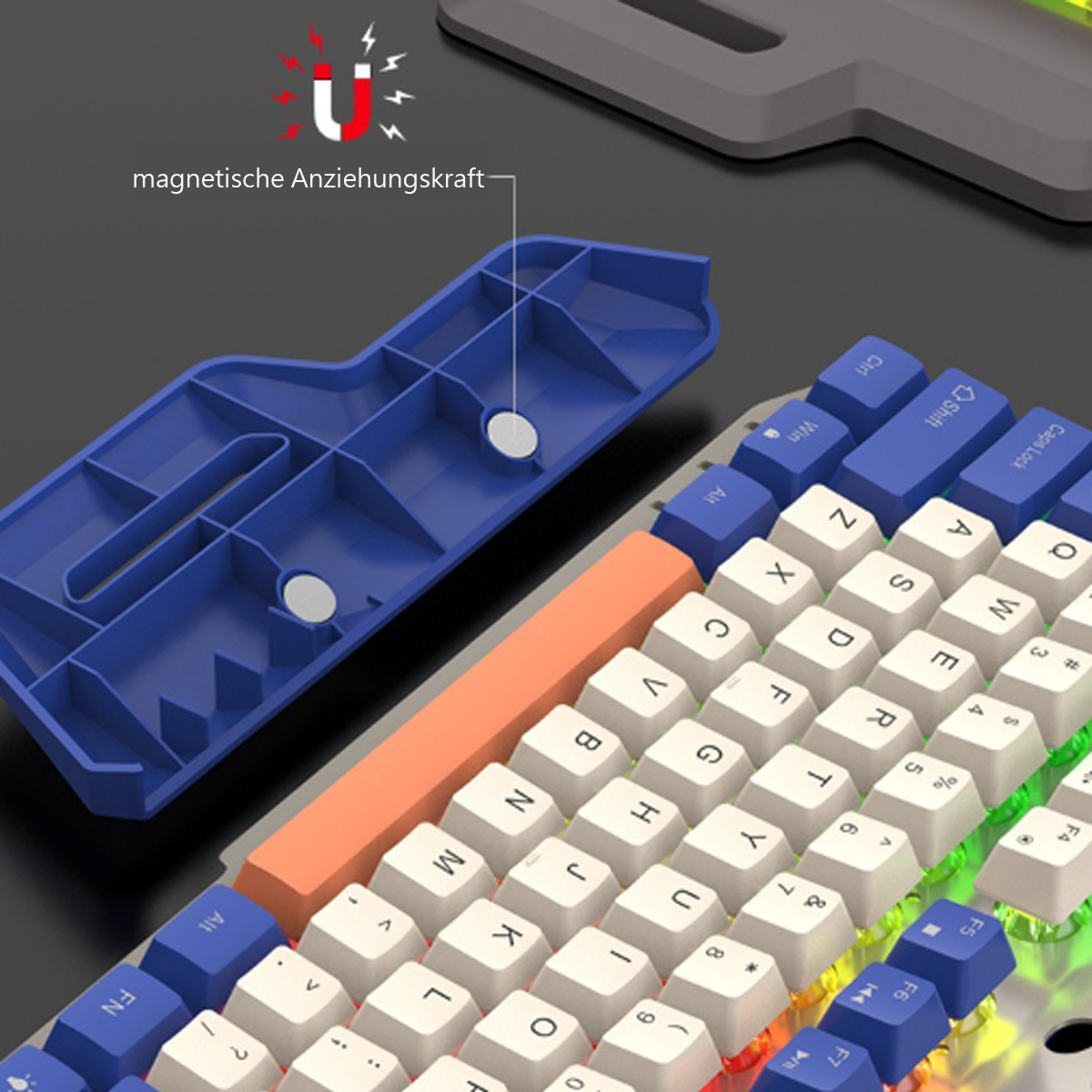 Niebieskie akcesorium do klawiatury z pomarańczowym klawiszem i białymi klawiszami.