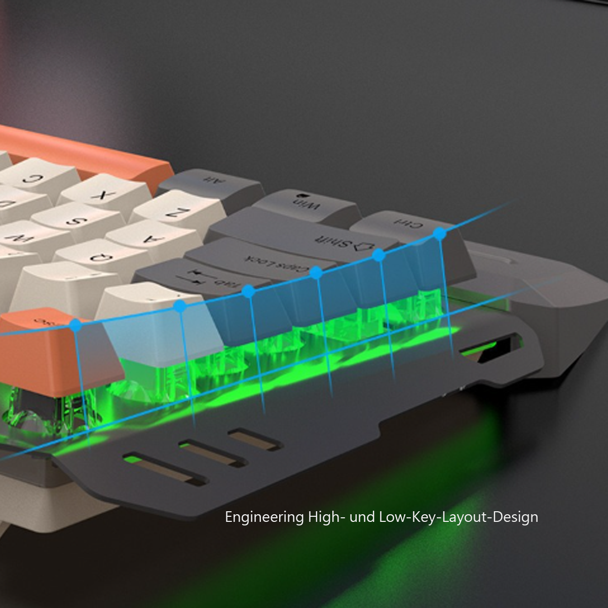 Zbliżenie klawiatury z klawiszami z zielonymi i białymi światłami. Pokazany jest projekt inżynieryjny.