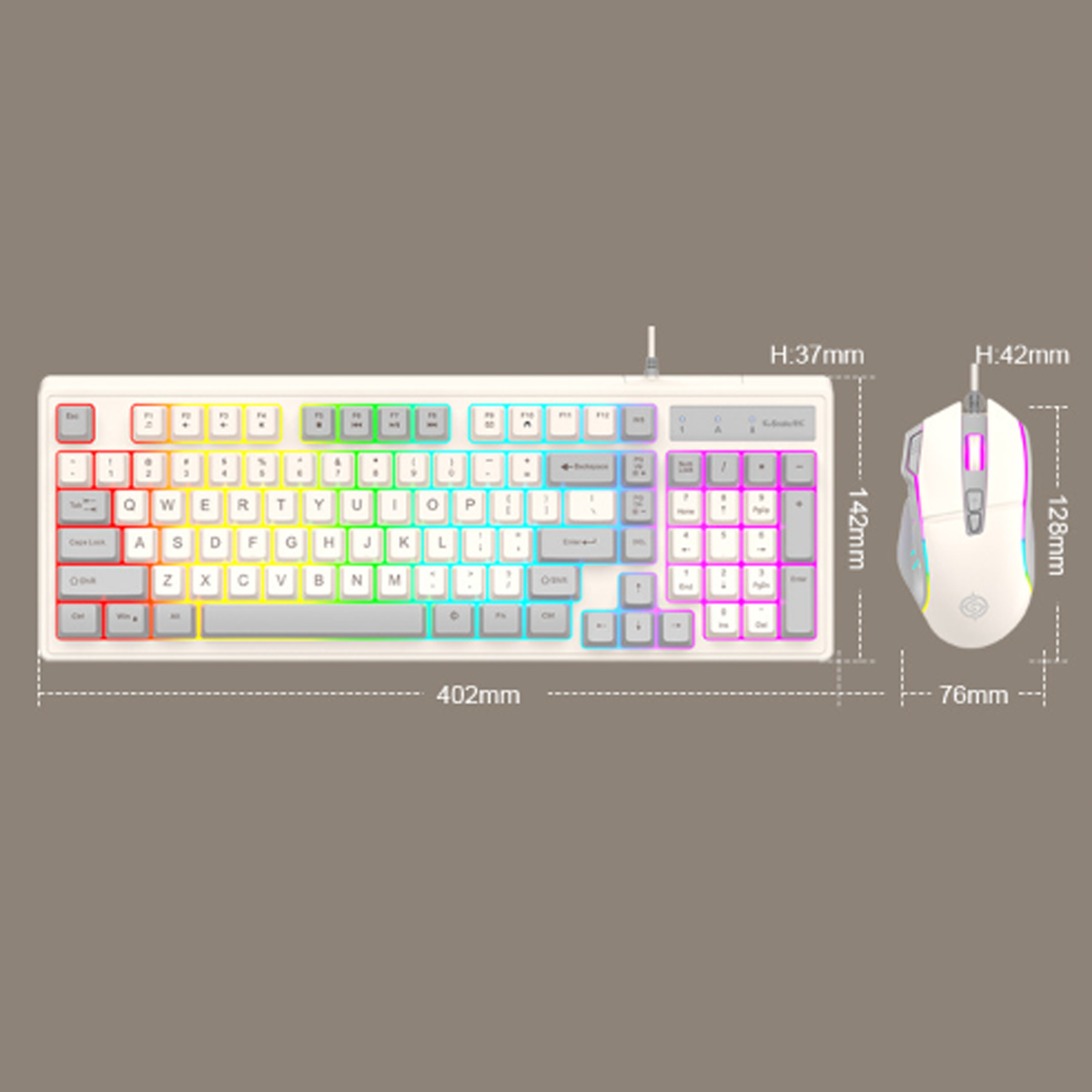 Weißes Tastatur- und Maus-Set mit mehrfarbigen Tasten. Abmessungen sind angegeben.