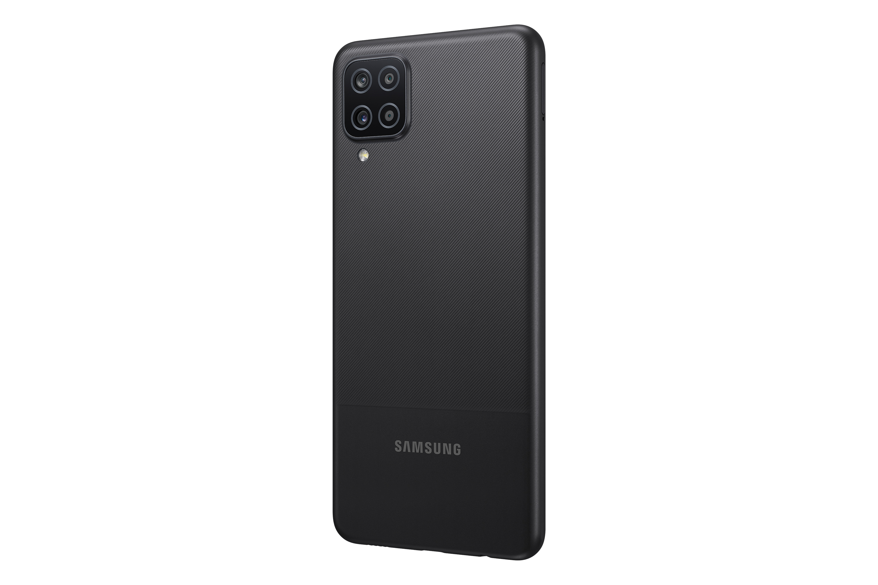Die Rückseite eines schwarzen Smartphones mit strukturierter Rückseite und Kamera.