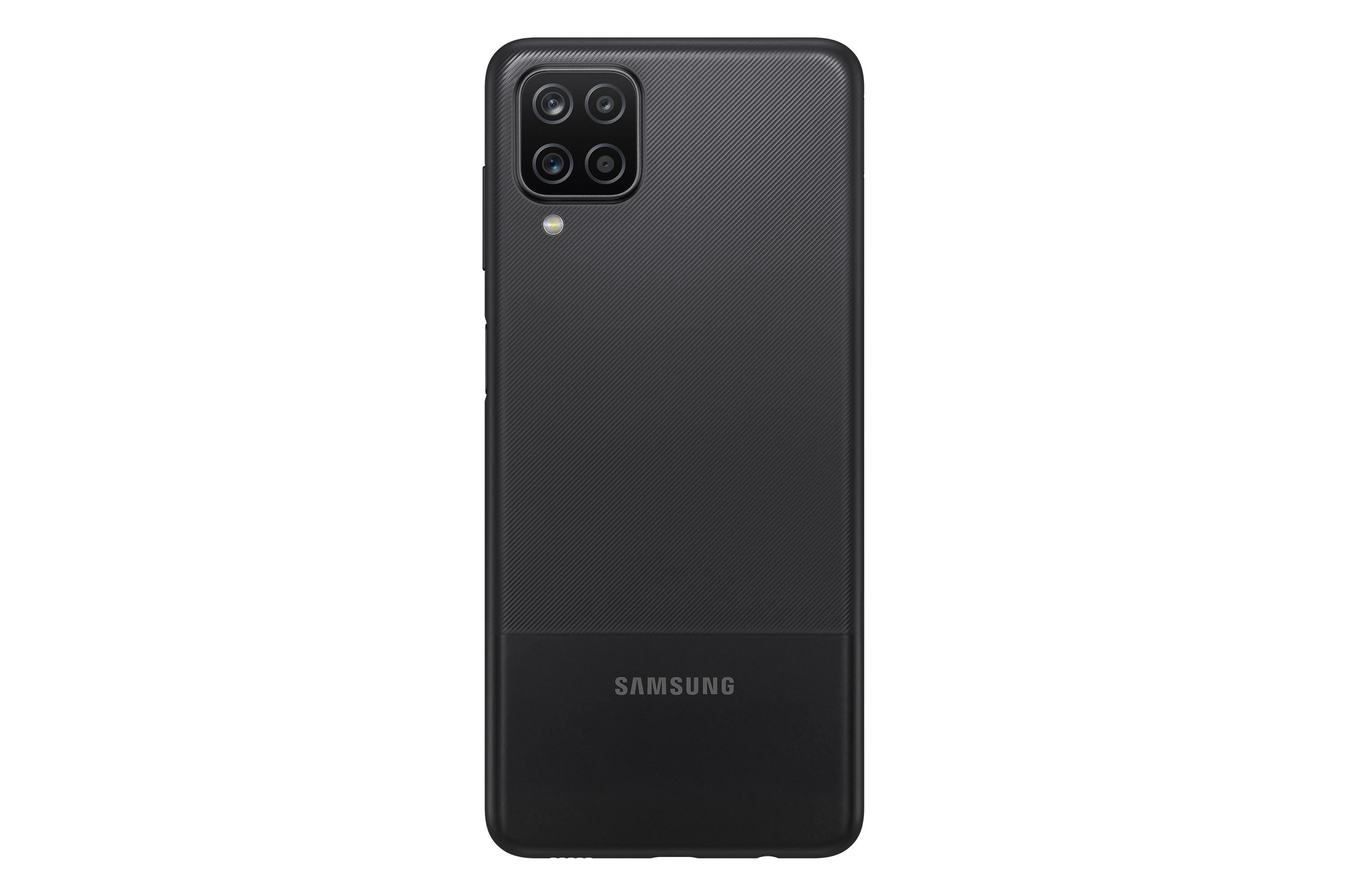 Schwarze Samsung-Telefonrückseite. Quad-Kamera, Samsung-Logo. Strukturierte Oberfläche.