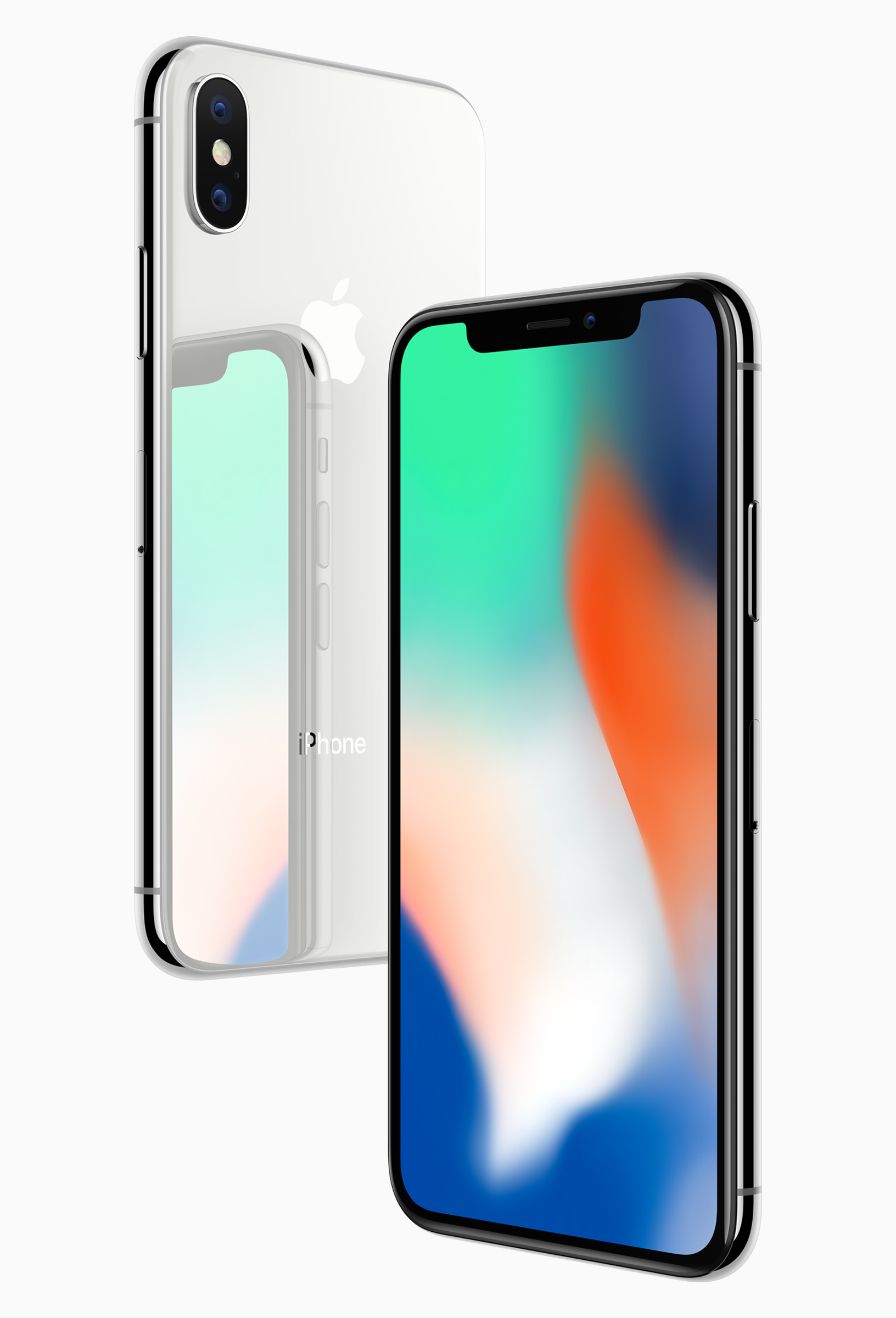 Biały iPhone X z widoczną tylną częścią. Ekran pokazuje abstrakcyjny kolorowy design.