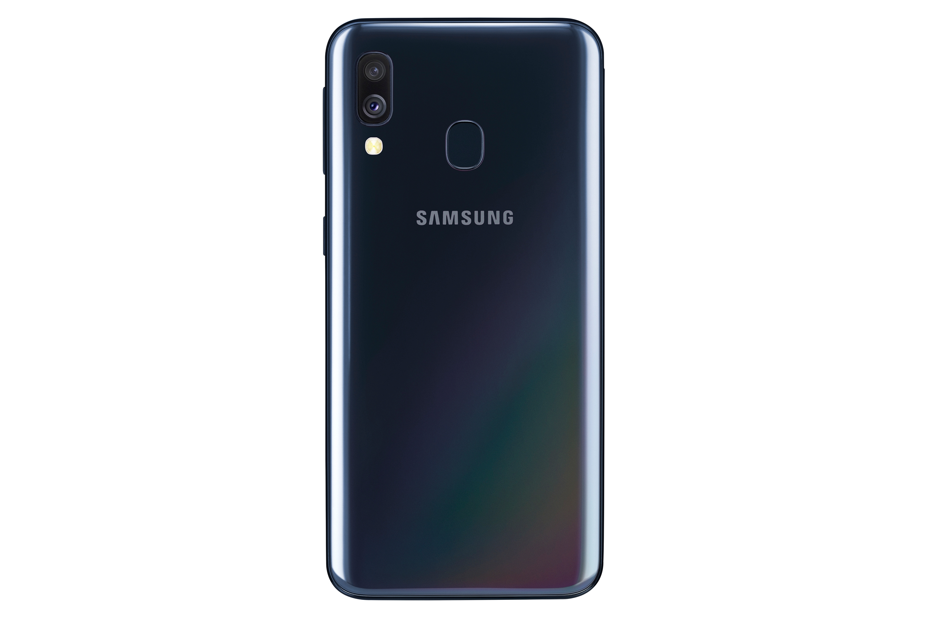 Schwarzes Samsung-Smartphone, Rückansicht, mit Kameramodul und Samsung-Logo auf schwarzem Hintergrund.
