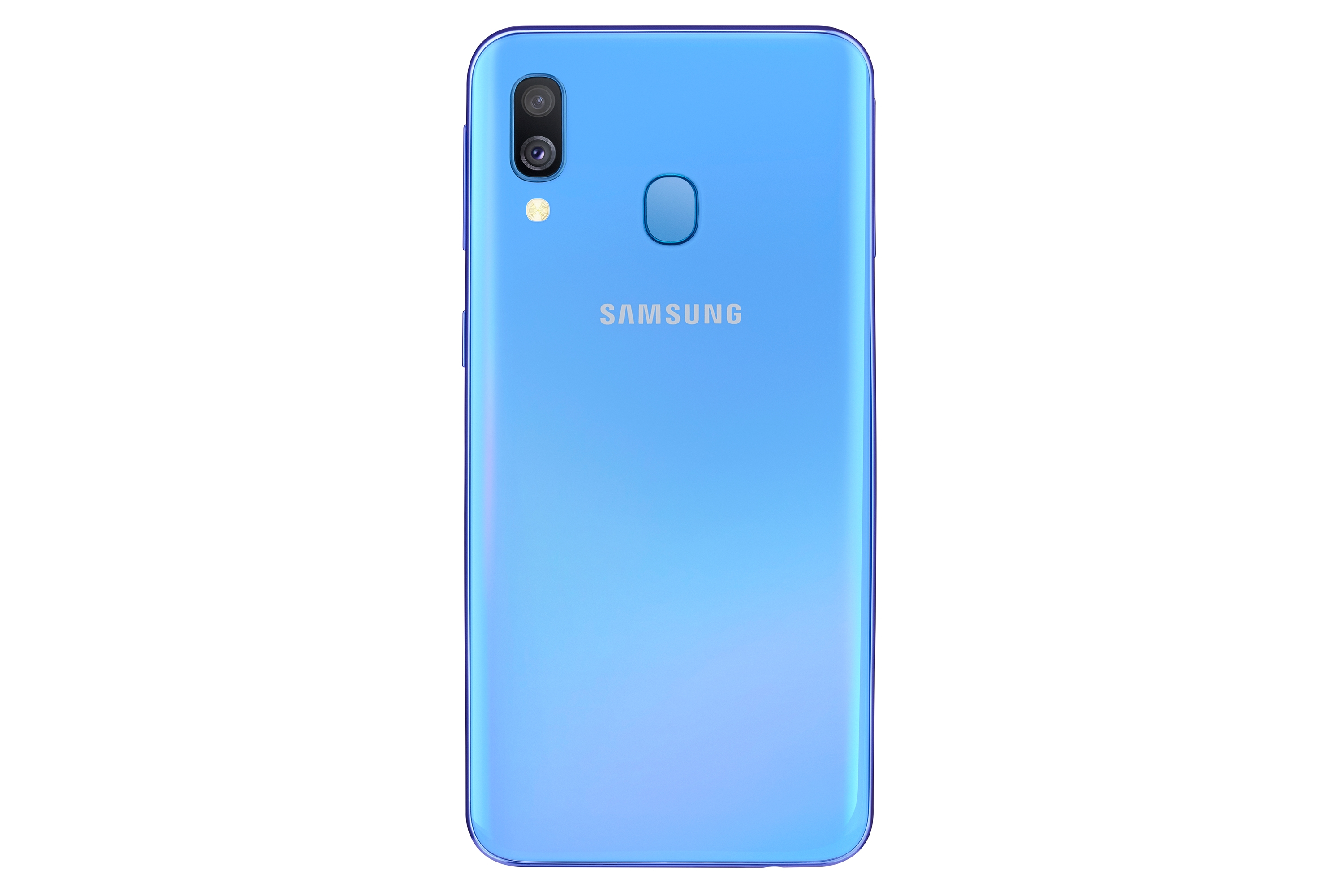 La parte posteriore di un telefono Samsung azzurro con fotocamera a doppia lente e sensore di impronte digitali.