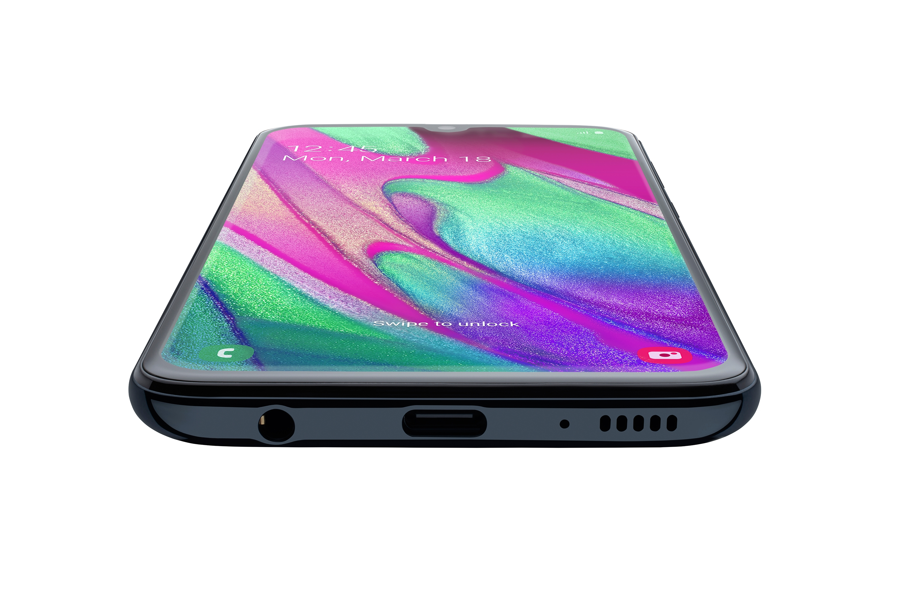 Ein schwarzes Smartphone, von unten gesehen. Der Bildschirm zeigt ein farbenfrohes, abstraktes Bild.
