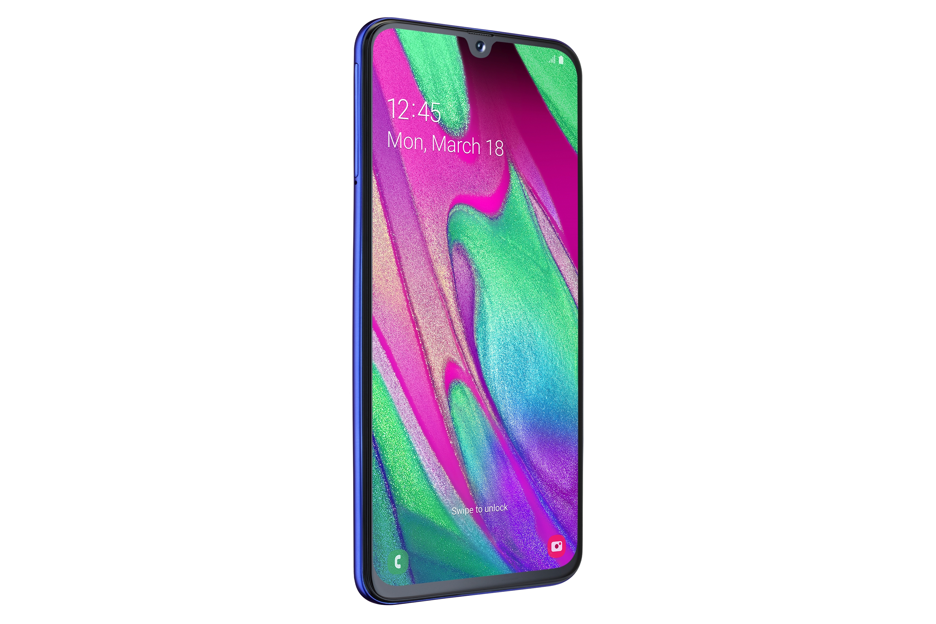 Un telefono blu con lo schermo che mostra un design astratto e l'ora.