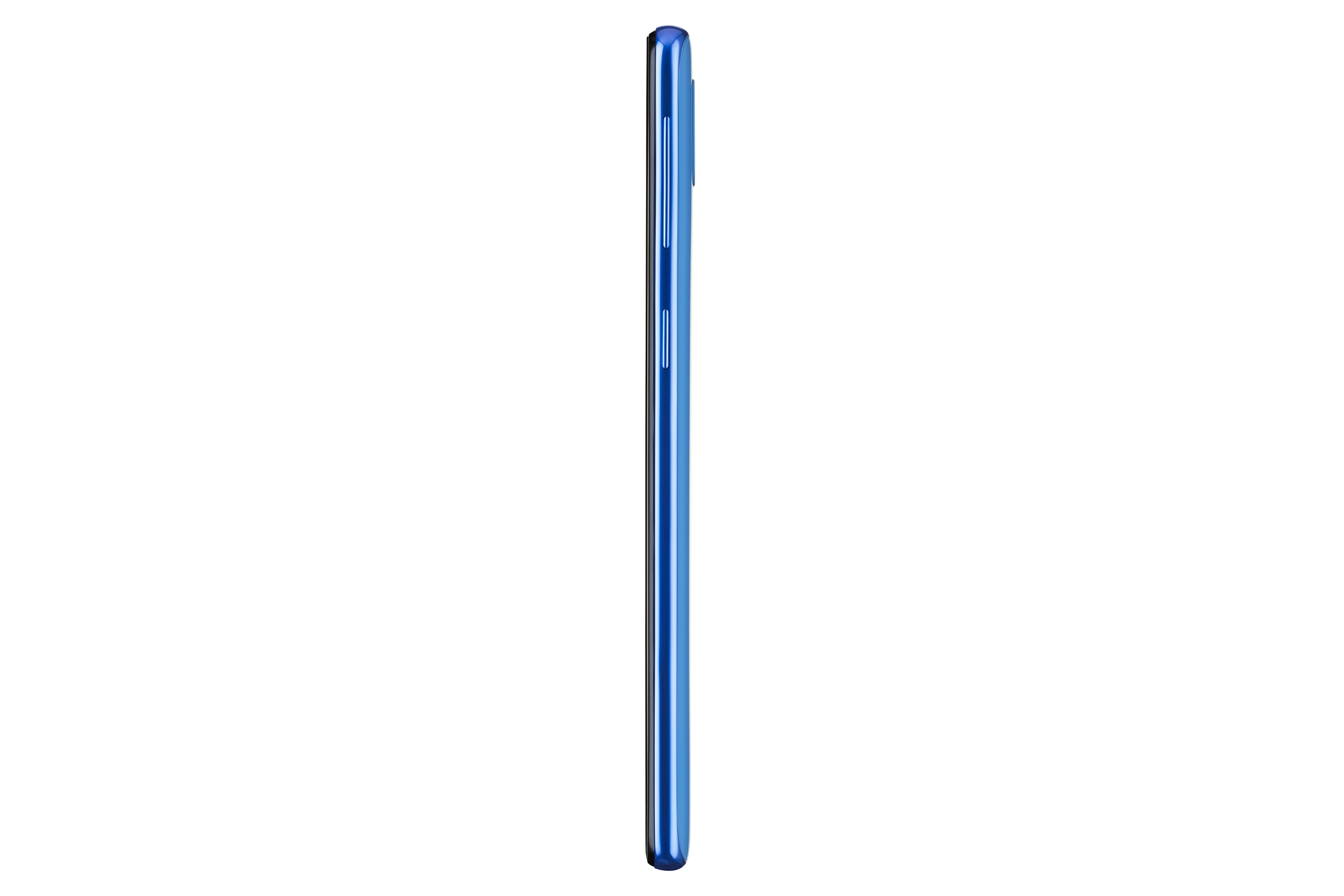 Vista laterale di uno smartphone blu. Ha schermo, pulsanti e un profilo sottile.