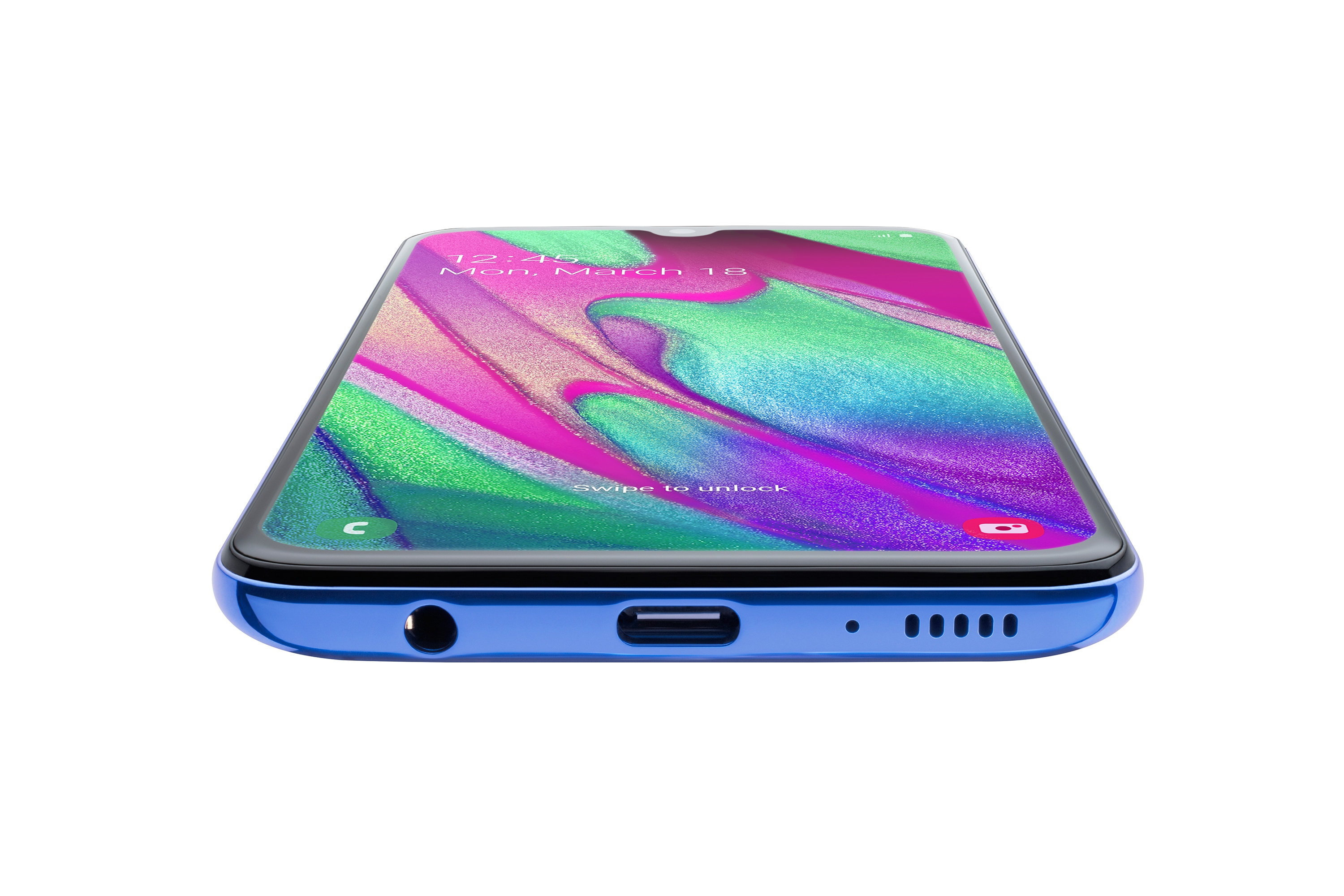 Smartphone Samsung blu, che mostra la parte inferiore con jack per cuffie e porta di ricarica.
