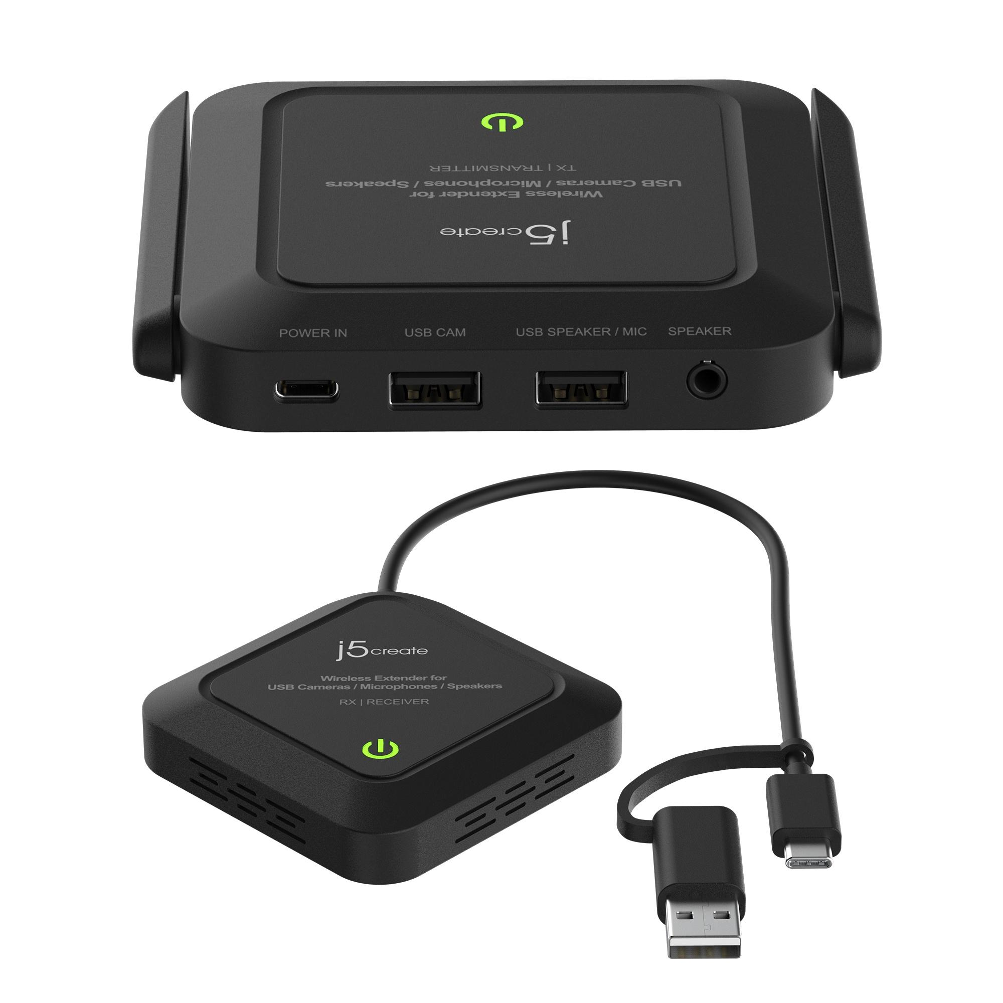 Zwei schwarze, rechteckige Geräte, die durch ein Kabel verbunden sind. Das obere hat USB-Anschlüsse.