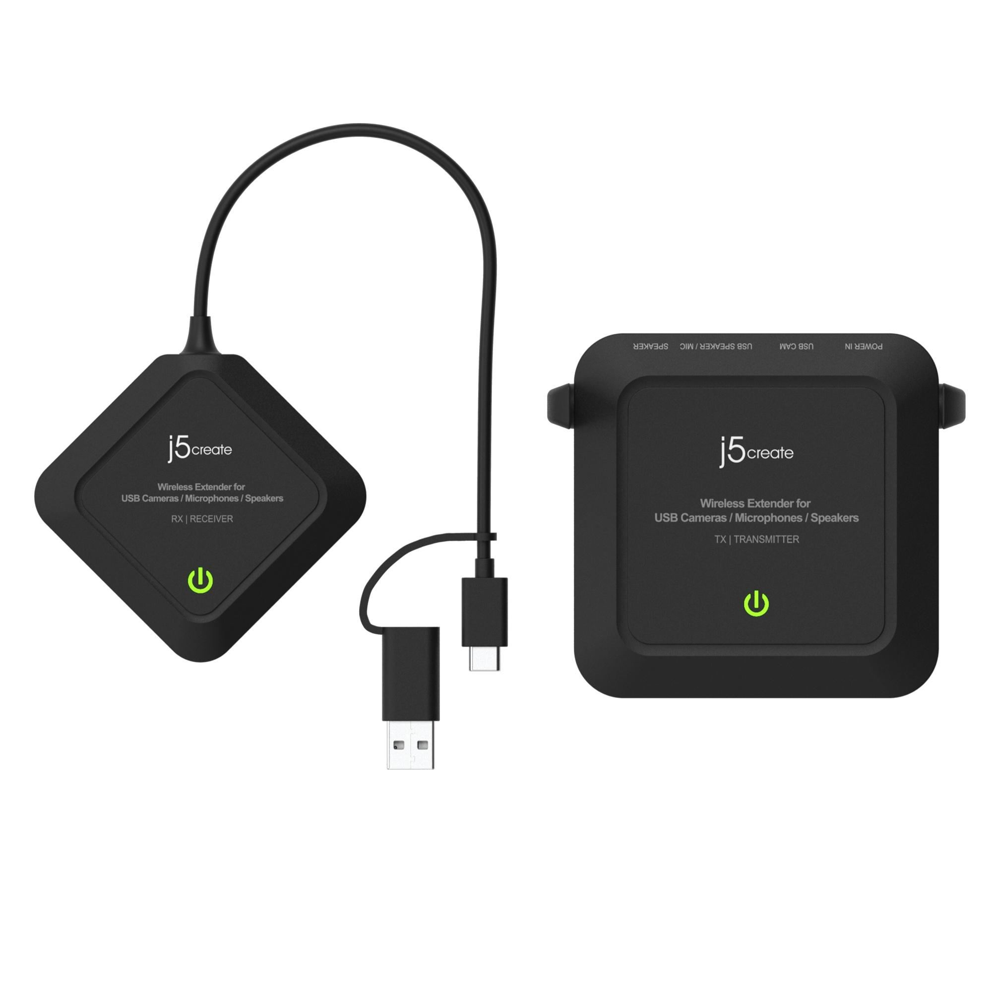 Zwei schwarze, quadratische Geräte mit Kabel und USB-Anschluss. Es sind drahtlose USB-Extender für Kameras und Lautsprecher.