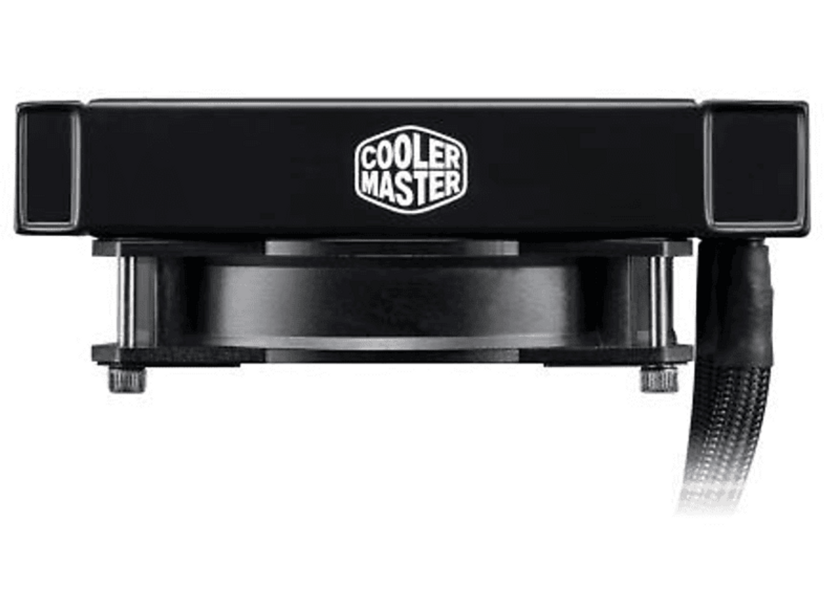 Siyah bir Cooler Master CPU soğutucusu. Bir fanı ve logolu siyah bir üst kısmı var.