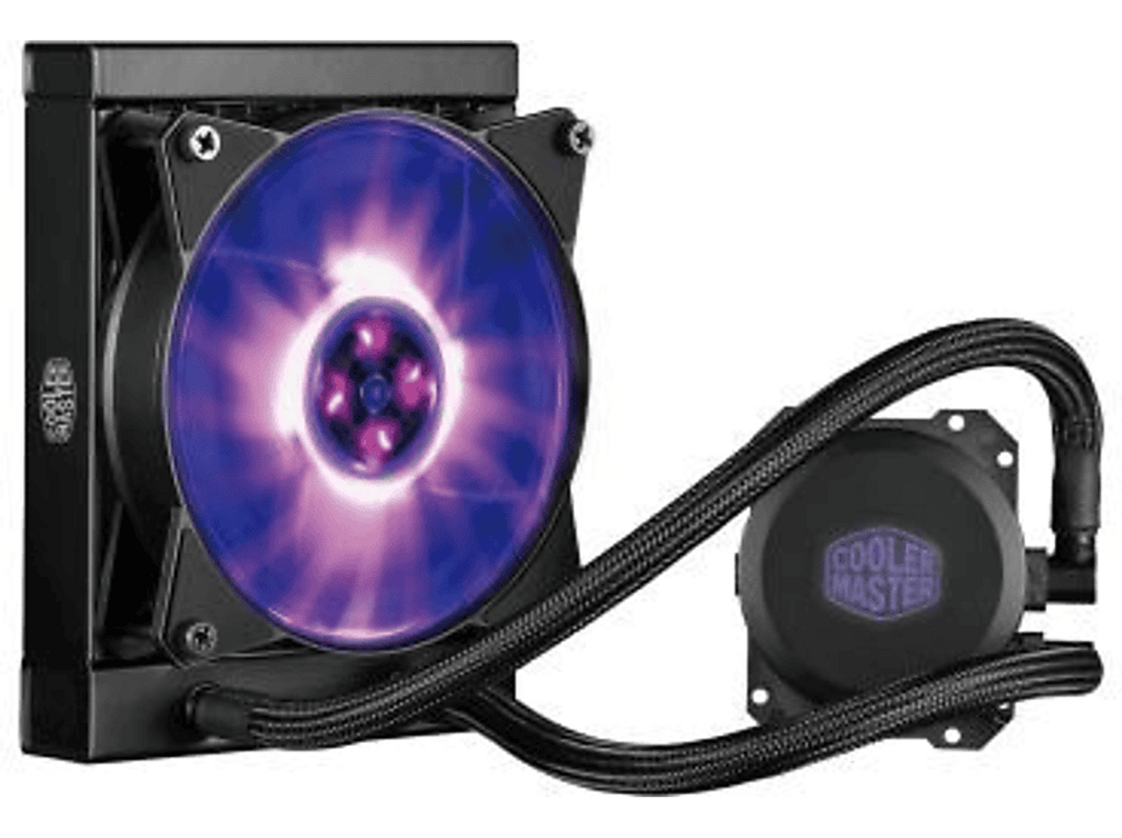 Mor ışıklı siyah bir bilgisayar sıvı soğutucu fanı ve ayrı bir Cooler Master bileşeni.