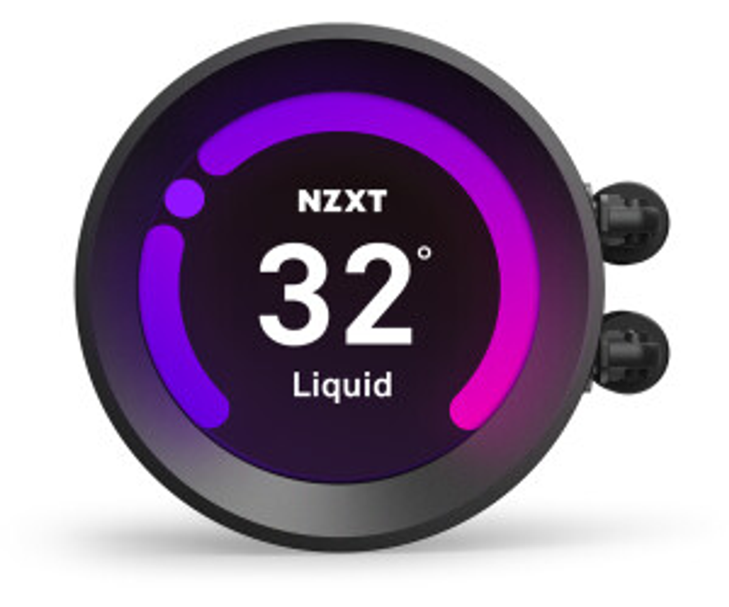 Ein runder, schwarzer NZXT-Flüssigkeitskühler mit einem Bildschirm, der 32 Grad und das Wort Liquid anzeigt.