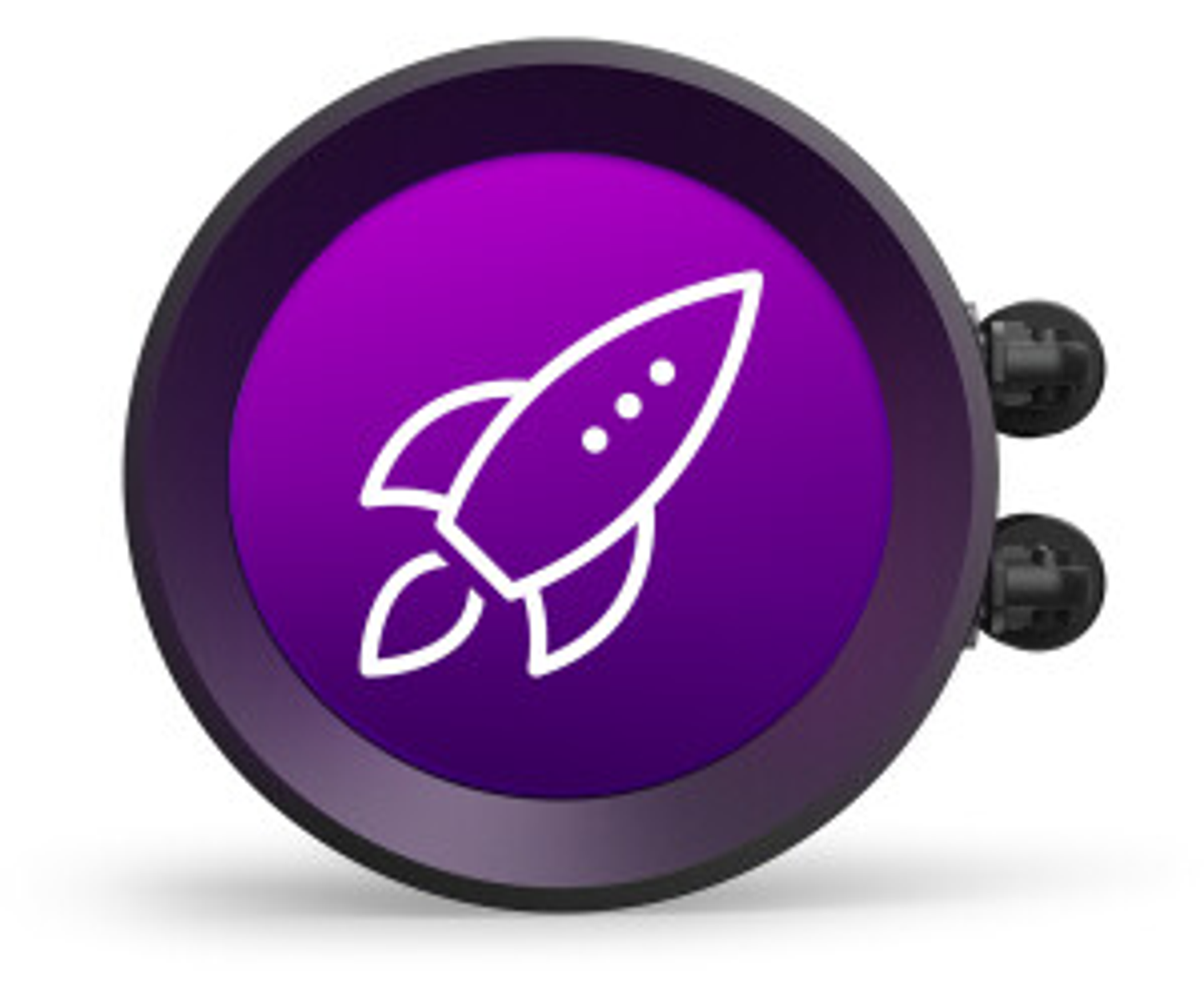 Lila runder Aufkleber. Ein weißes Raketen-Symbol ist in der Mitte. Schwarze Befestigungsteile.