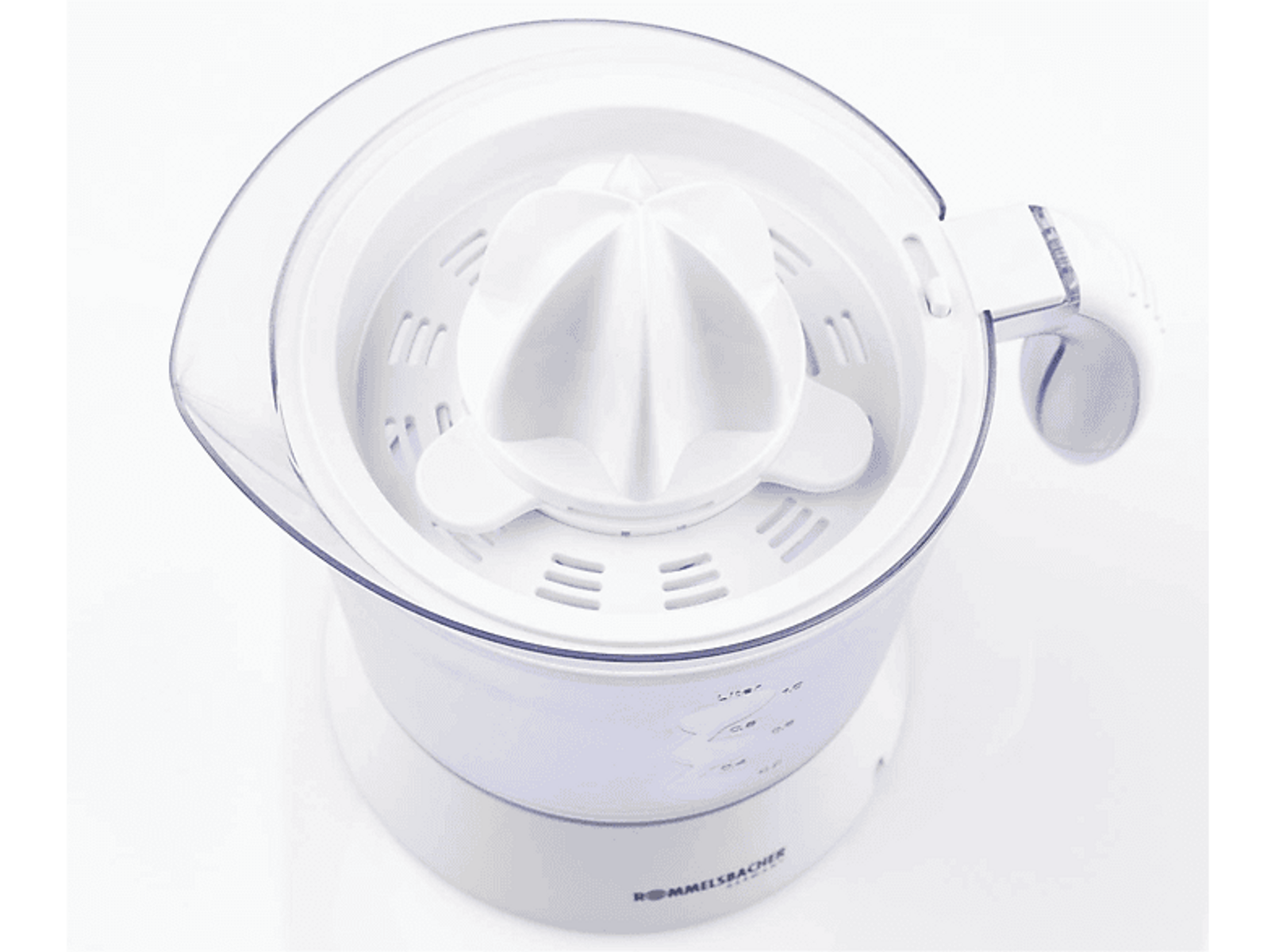 Spremiagrumi elettrico bianco con contenitore trasparente, filtro bianco e manico.