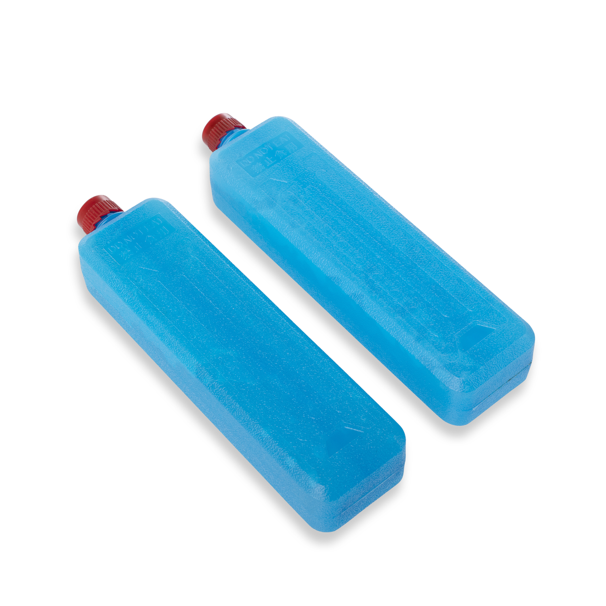 Dwa niebieskie, prostokątne wkłady chłodzące z czerwonymi zakrętkami, ułożone po przekątnej.